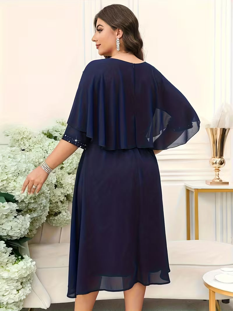 Plus Size Women’s Elegant Rhinestone Collar Dress