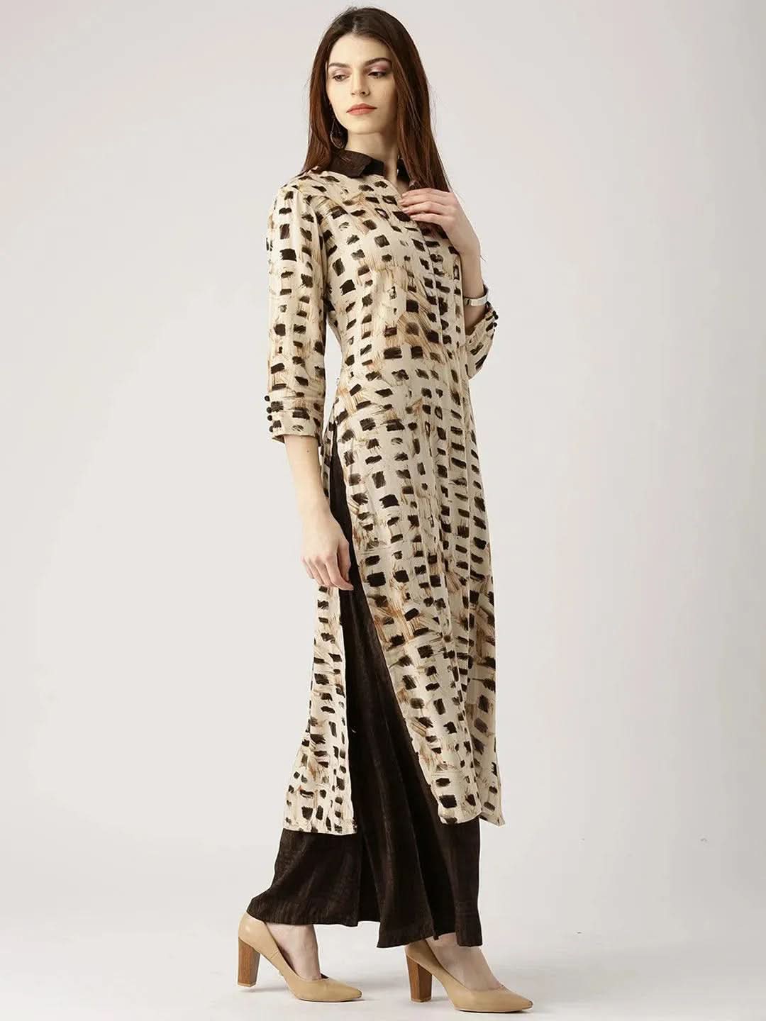 Anouk Beige Printed Rayon Straight Kurta With Palazzos