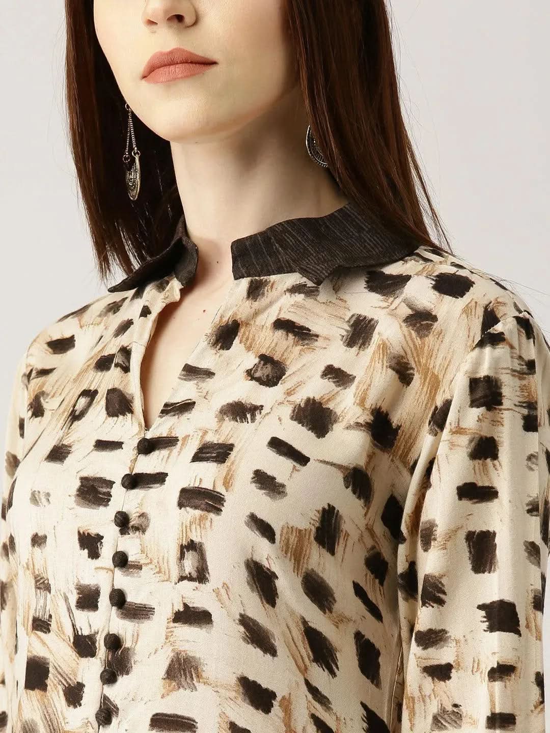 Anouk Beige Printed Rayon Straight Kurta With Palazzos