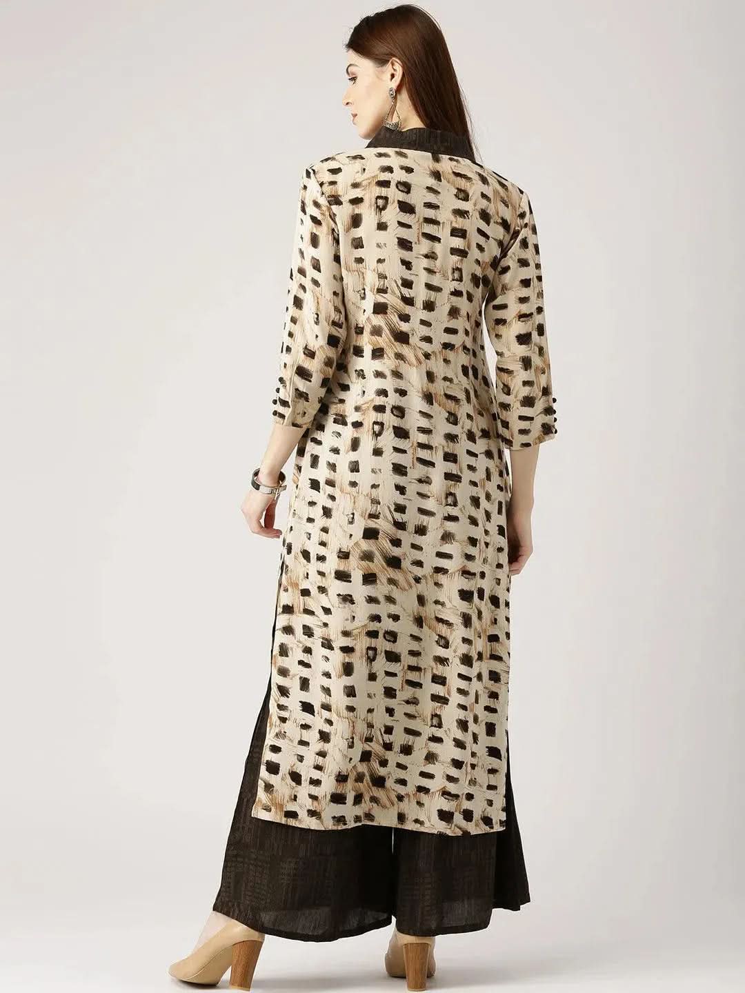Anouk Beige Printed Rayon Straight Kurta With Palazzos