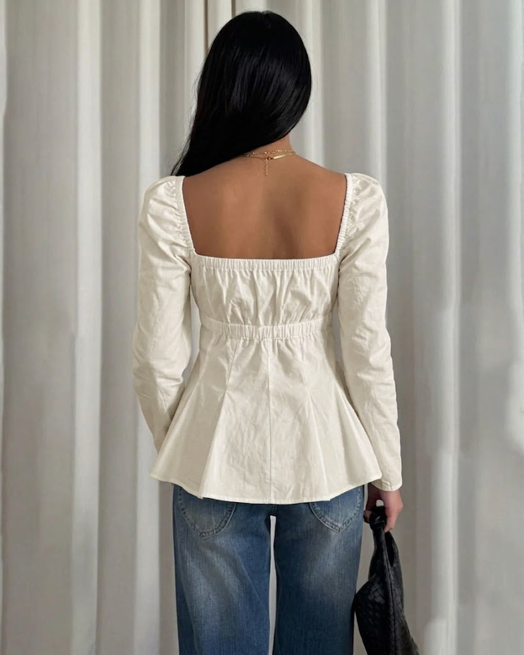 Full Bell Sleeves Tie-Up Front Peplum Top in Classic White