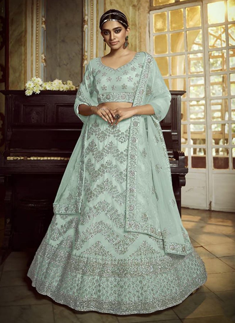impressive Sky Blue Zarkan Dori Soft Net Lehenga Choli Set