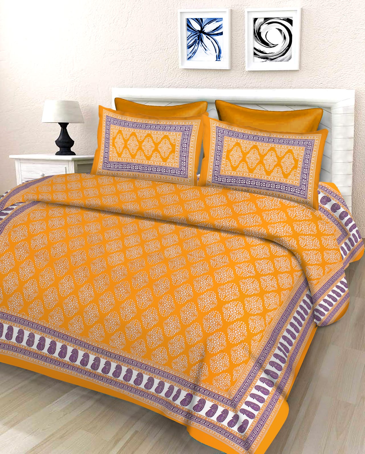 Jaipuri Double Bedsheet Set with Two Pillow Covers - 90x100 Size