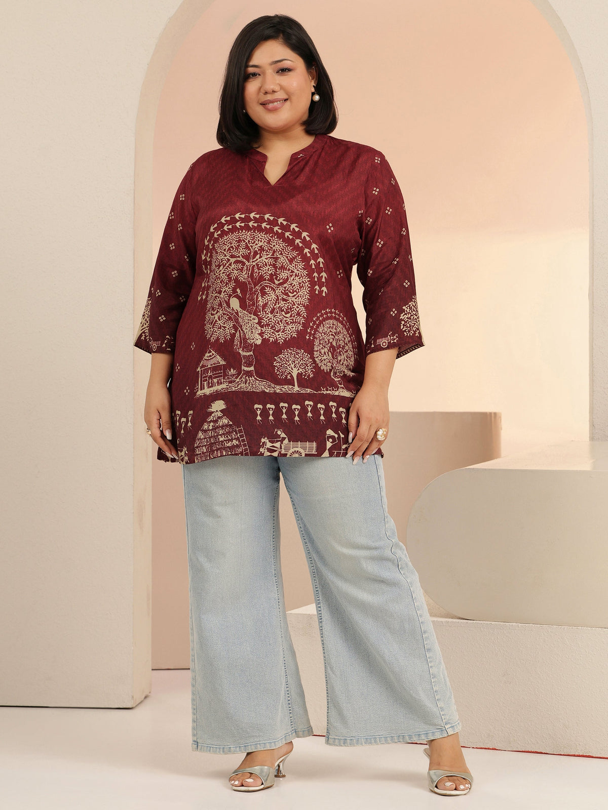 Plus Size Maroon Tribal Printed Muslin Straight Short Kurti