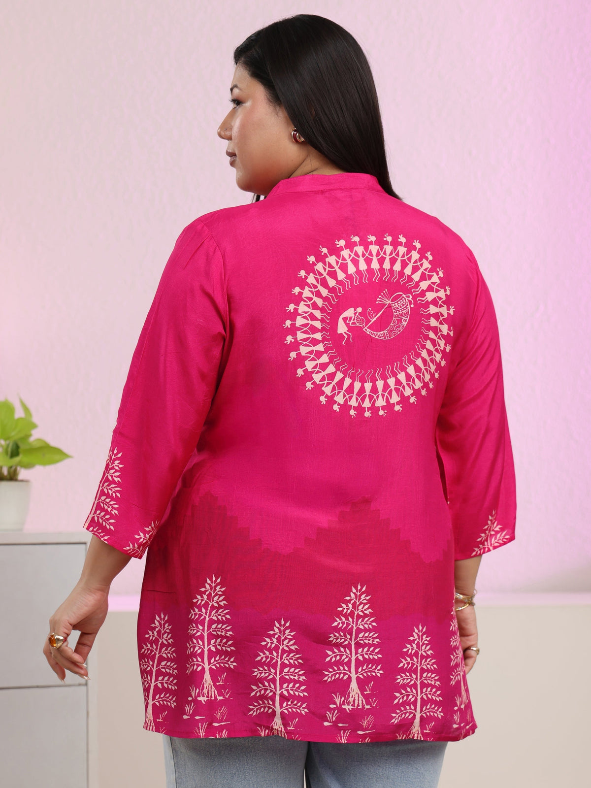 Plus Size Fuchsia Pink Tribal Printed Muslin Straight Short Kurti