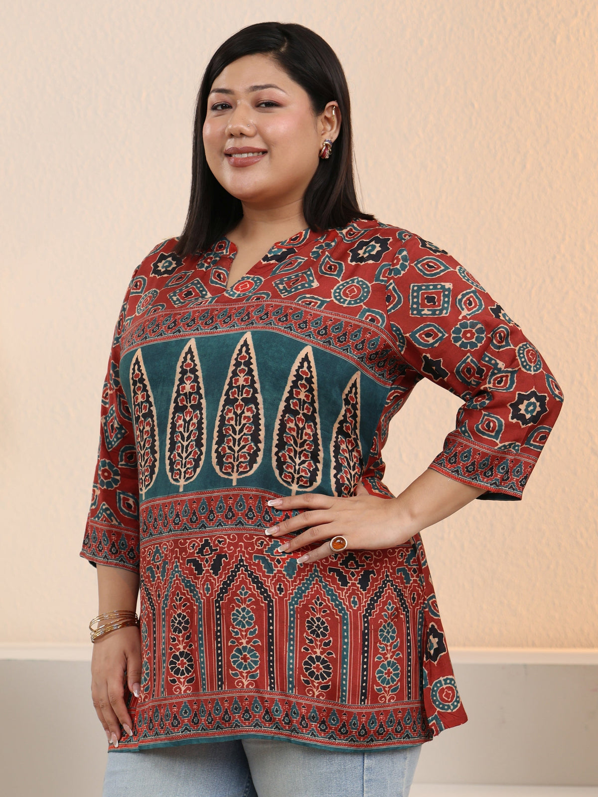 Plus Size Maroon Ethnic Printed Muslin Straight Short Kurti
