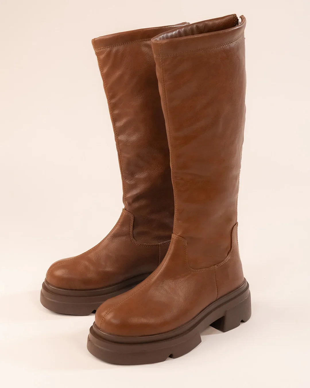 Slim Fit Solid Knee-High Heeled Boots in Mud Brown