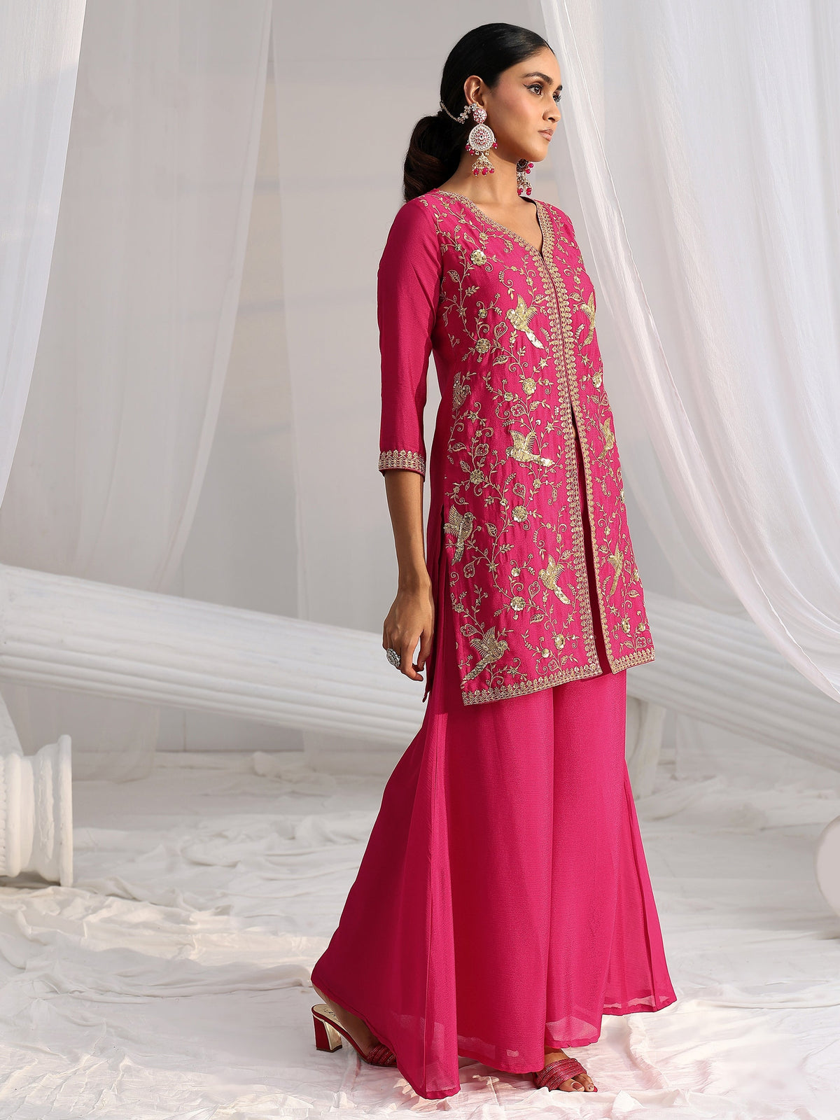 Anouk Rani Pink Embroidered Front Slit Chinon Palazzo Suit Set