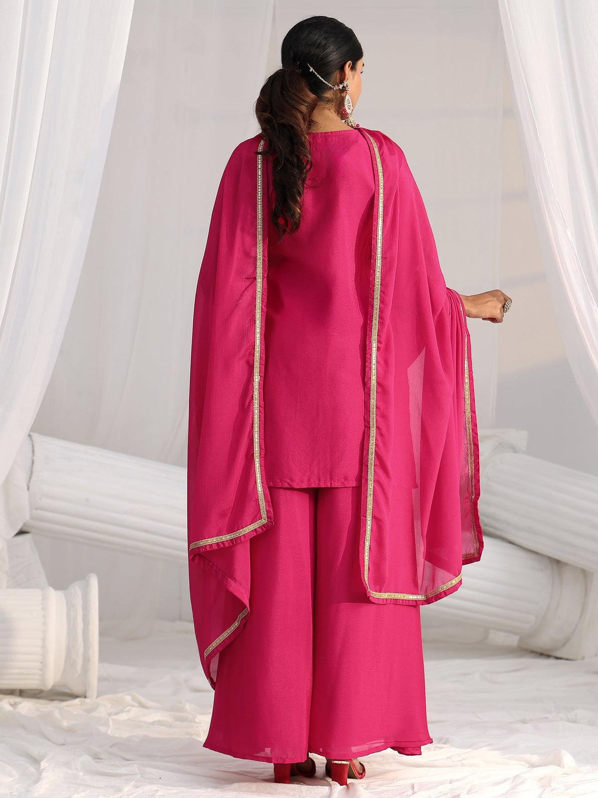 Anouk Rani Pink Embroidered Front Slit Chinon Palazzo Suit Set