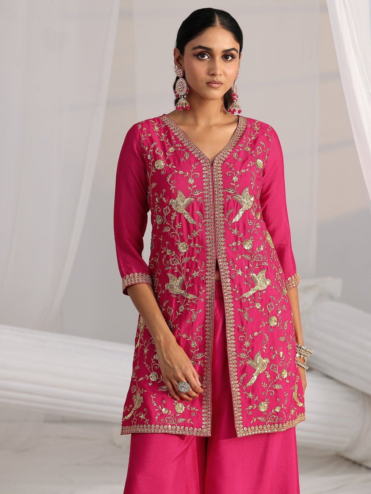 Anouk Rani Pink Embroidered Front Slit Chinon Palazzo Suit Set