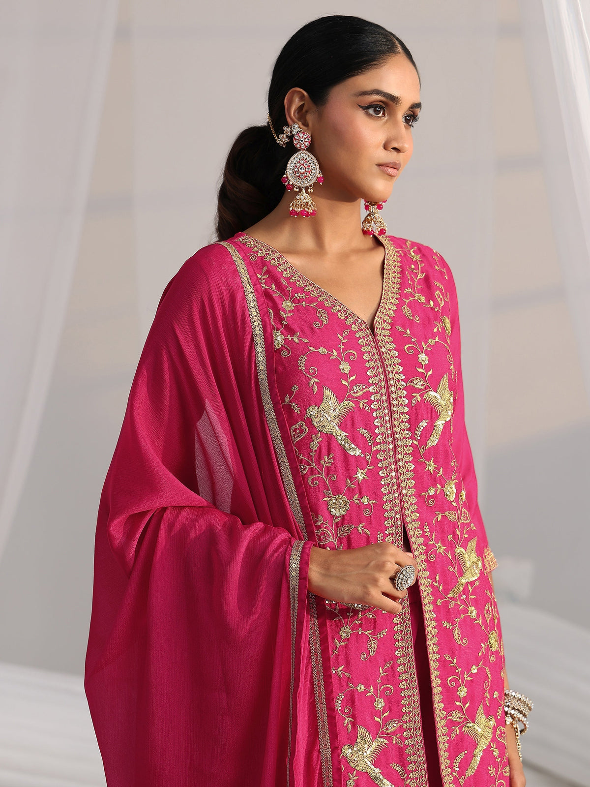 Anouk Rani Pink Embroidered Front Slit Chinon Palazzo Suit Set