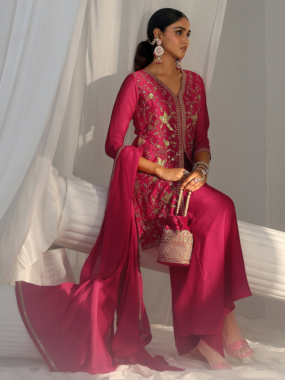 Anouk Rani Pink Embroidered Front Slit Chinon Palazzo Suit Set