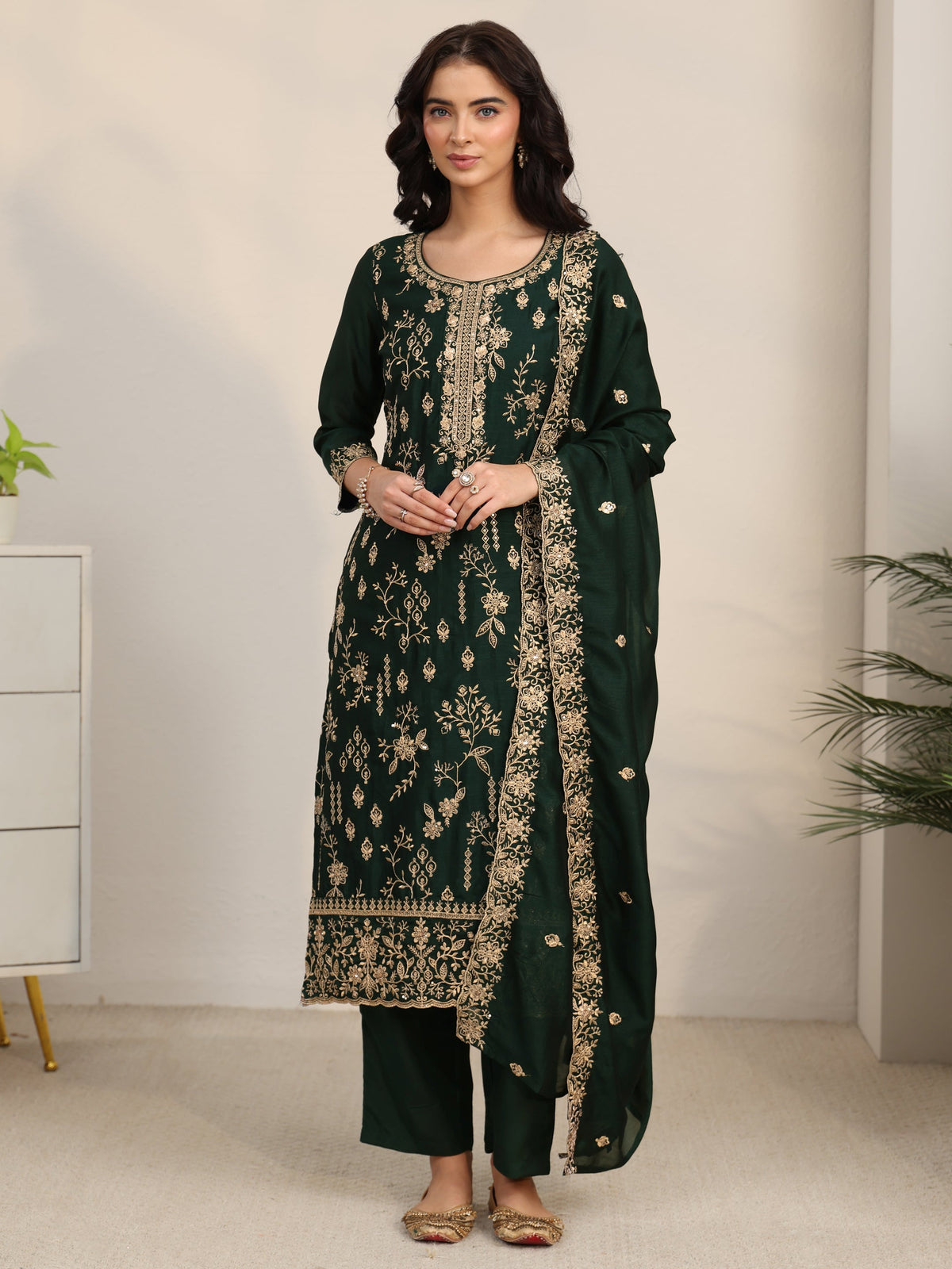 Anouk Dark Green Floral Embroidered Silk Blend Straight Suit Set