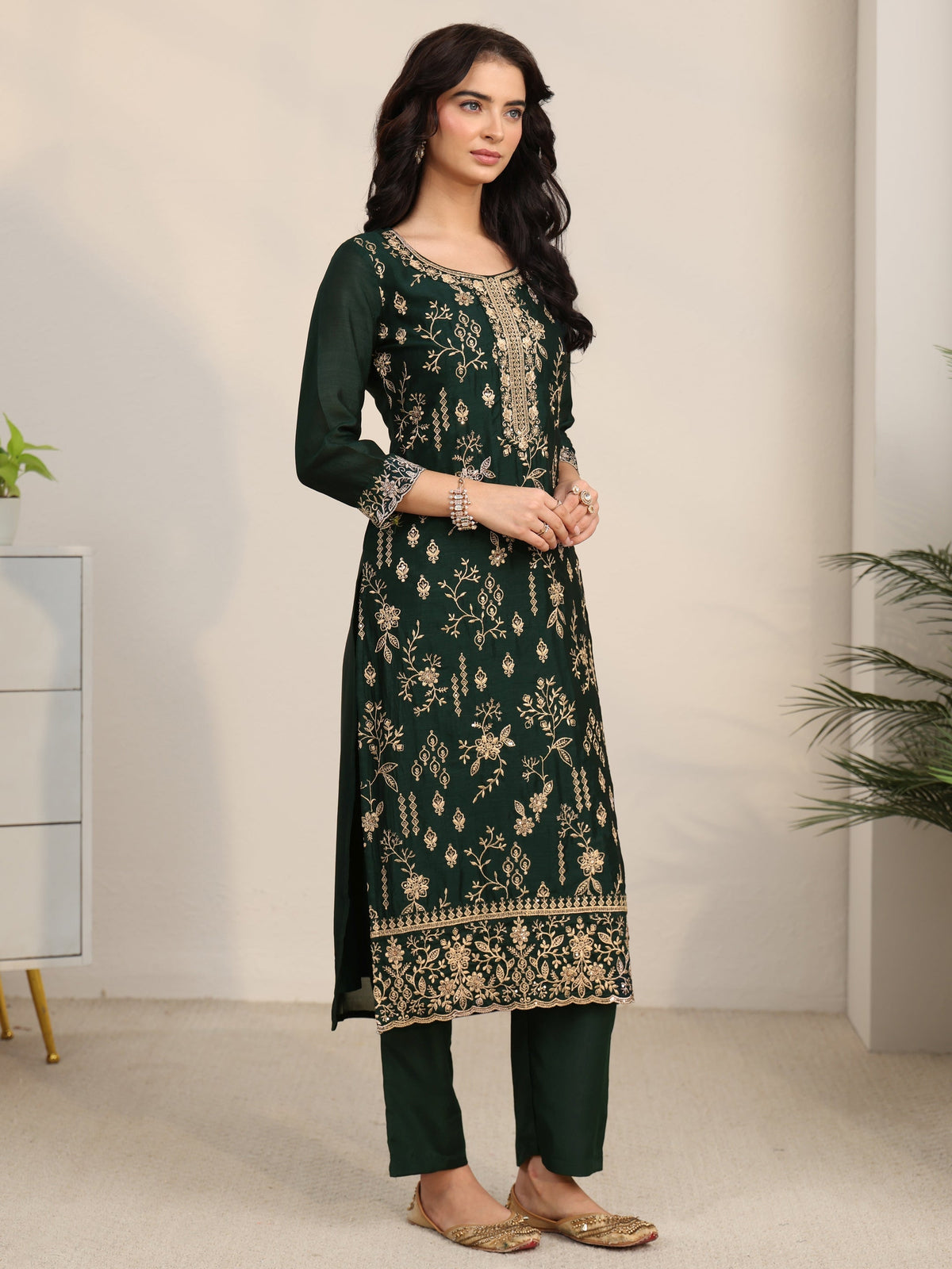 Anouk Dark Green Floral Embroidered Silk Blend Straight Suit Set