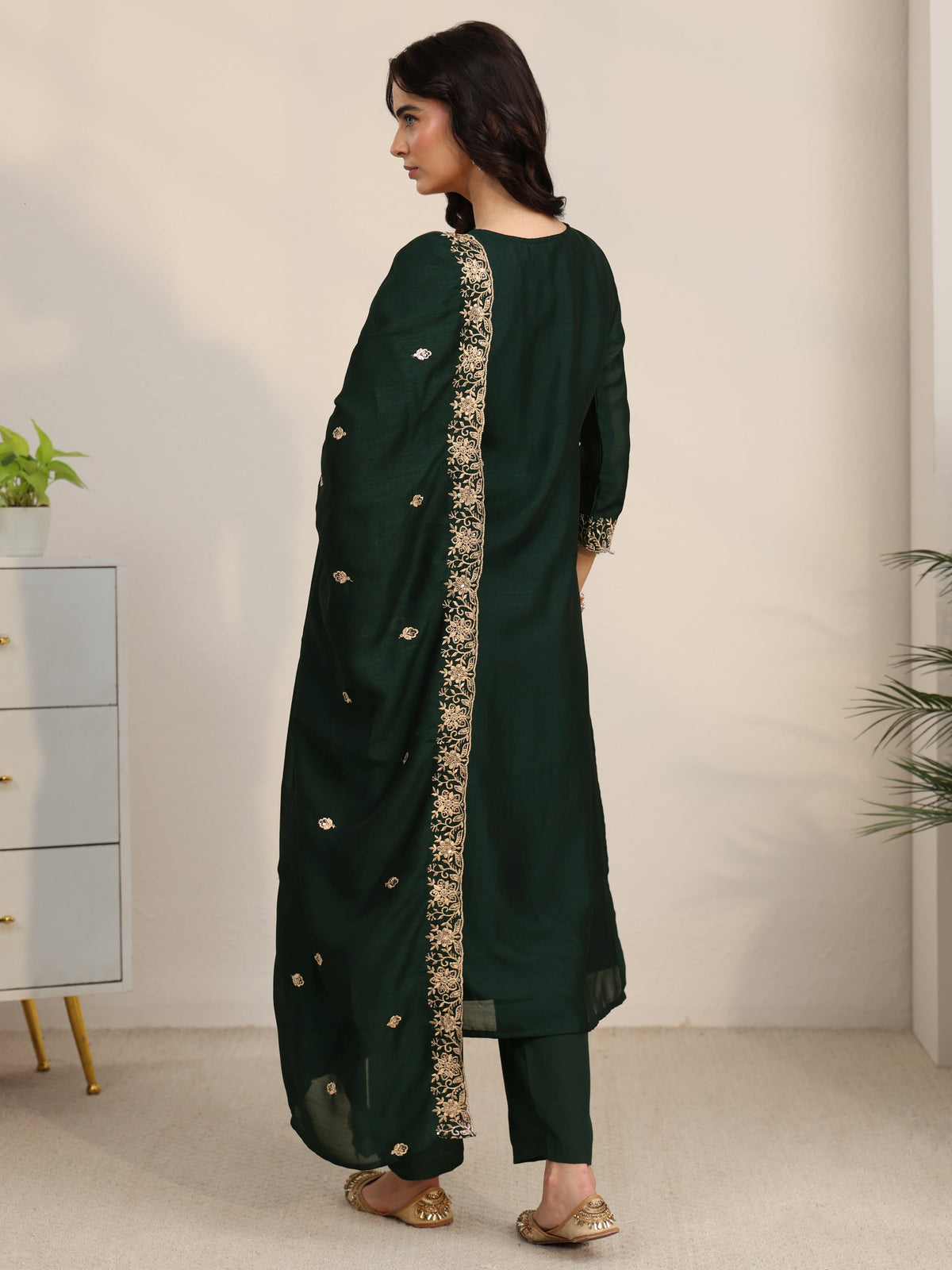 Anouk Dark Green Floral Embroidered Silk Blend Straight Suit Set