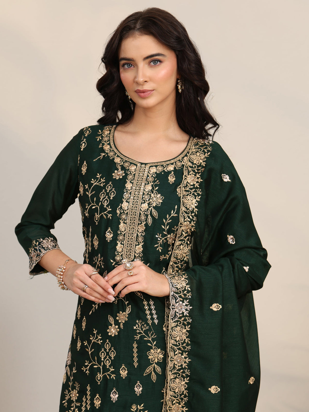 Anouk Dark Green Floral Embroidered Silk Blend Straight Suit Set