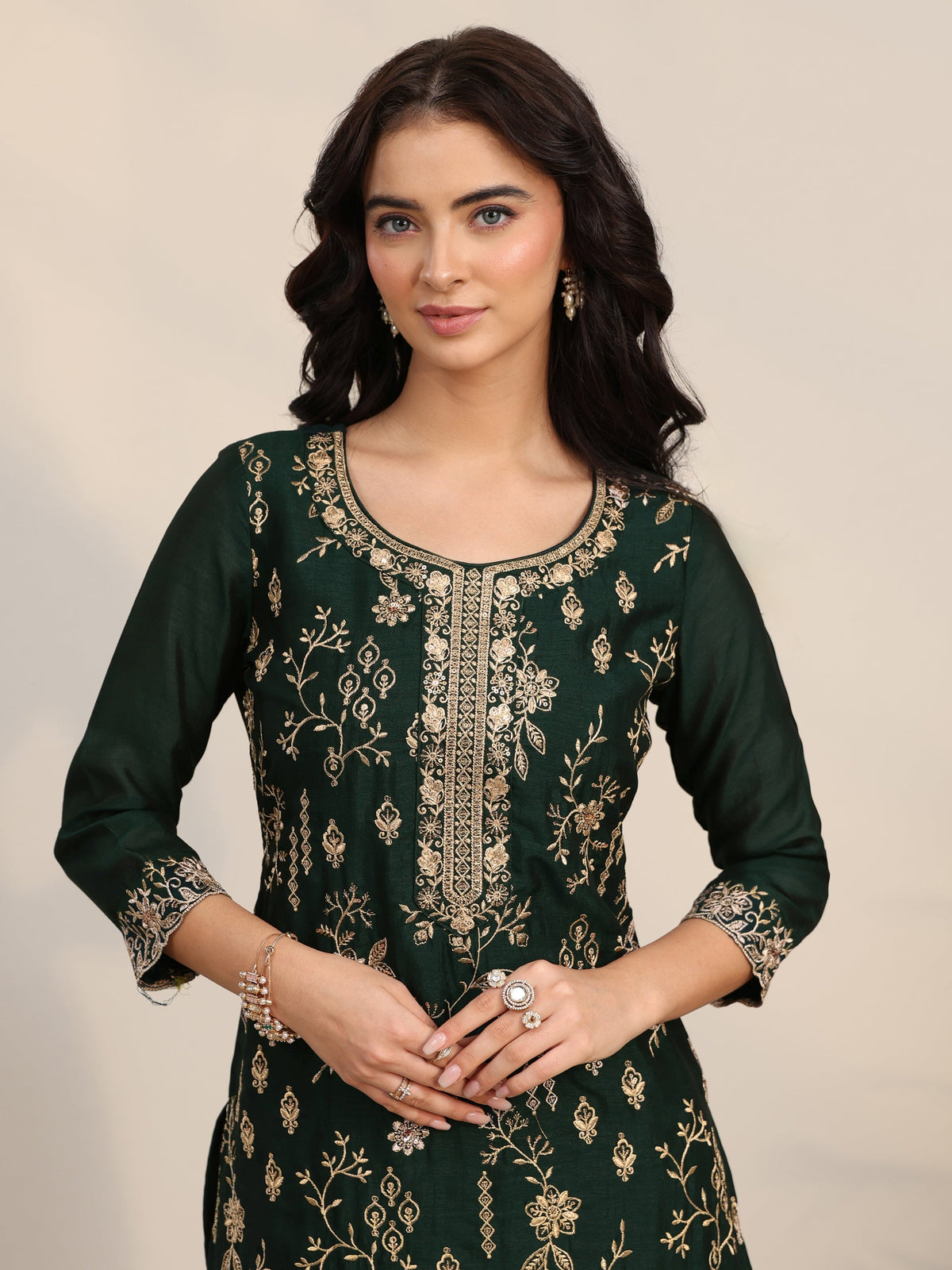Anouk Dark Green Floral Embroidered Silk Blend Straight Suit Set