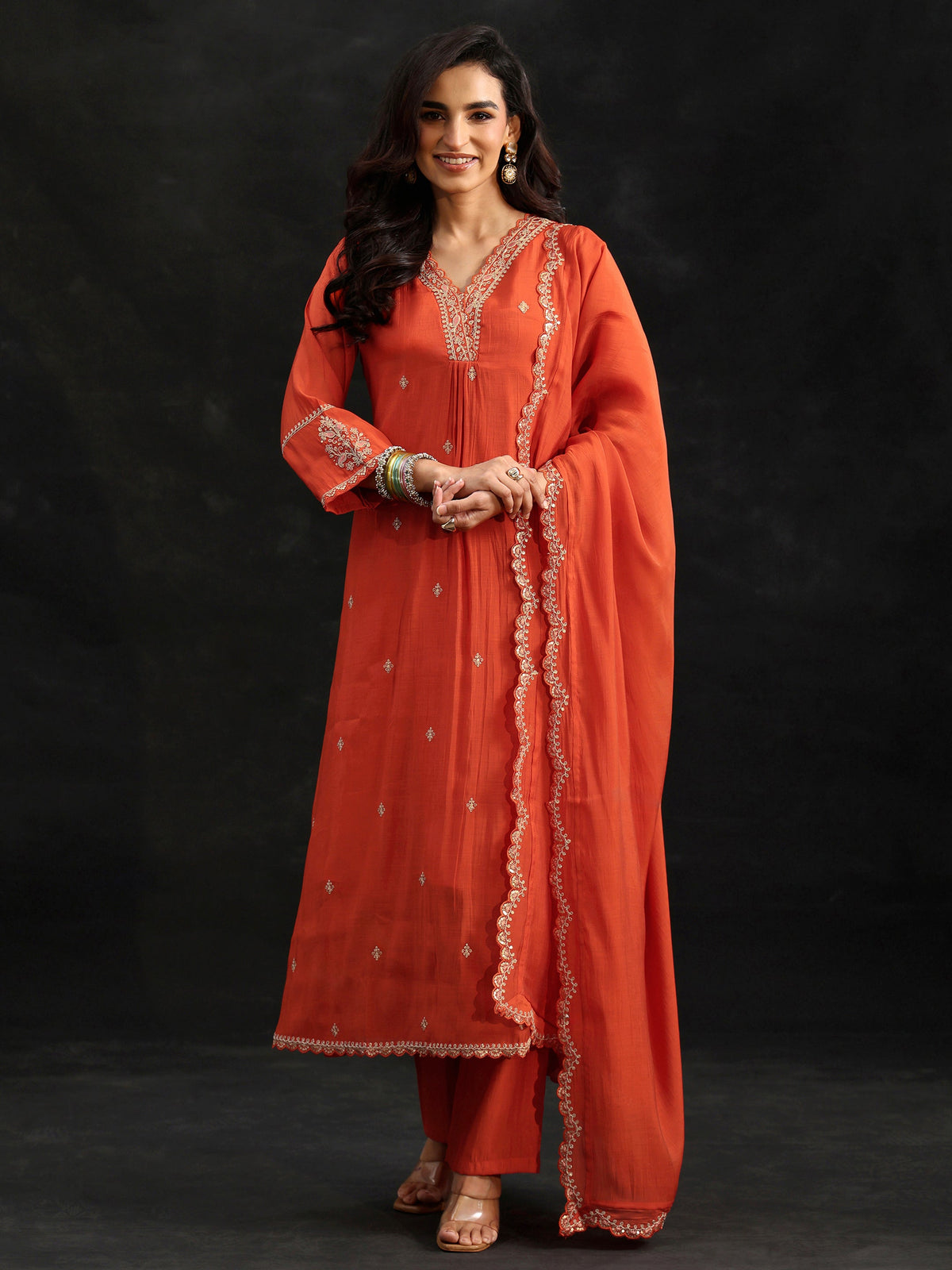 Anouk Orange Embroidered Chanderi Cotton A-Line Suit Set