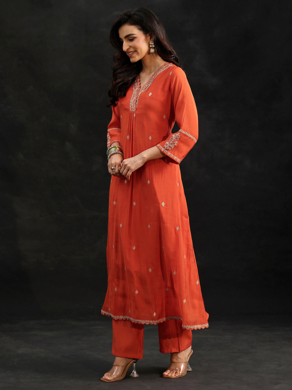 Anouk Orange Embroidered Chanderi Cotton A-Line Suit Set