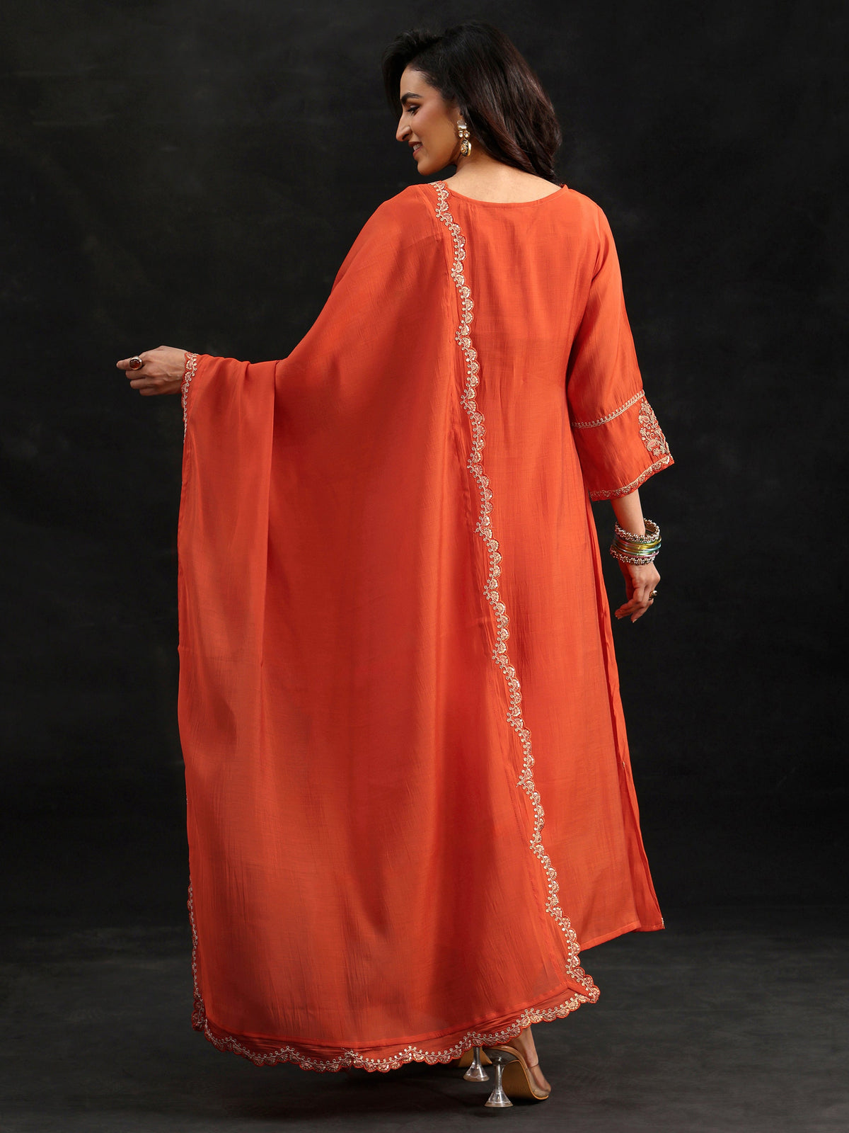 Anouk Orange Embroidered Chanderi Cotton A-Line Suit Set