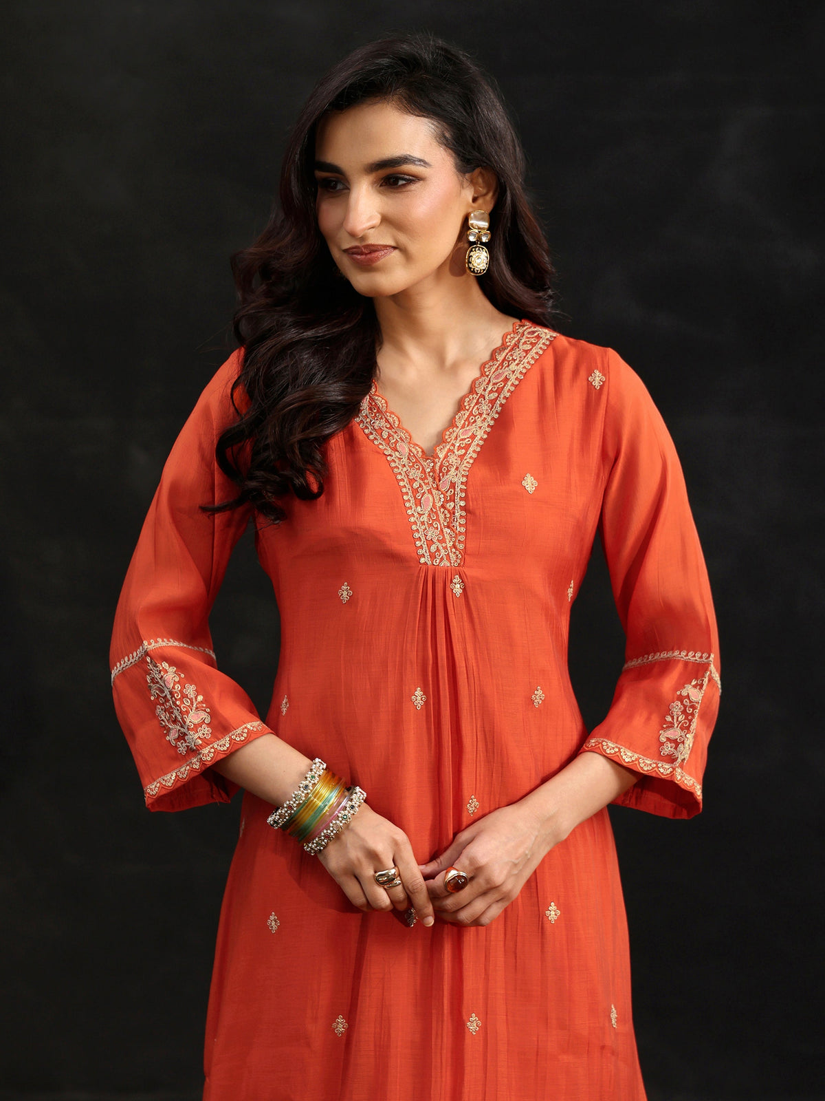 Anouk Orange Embroidered Chanderi Cotton A-Line Suit Set