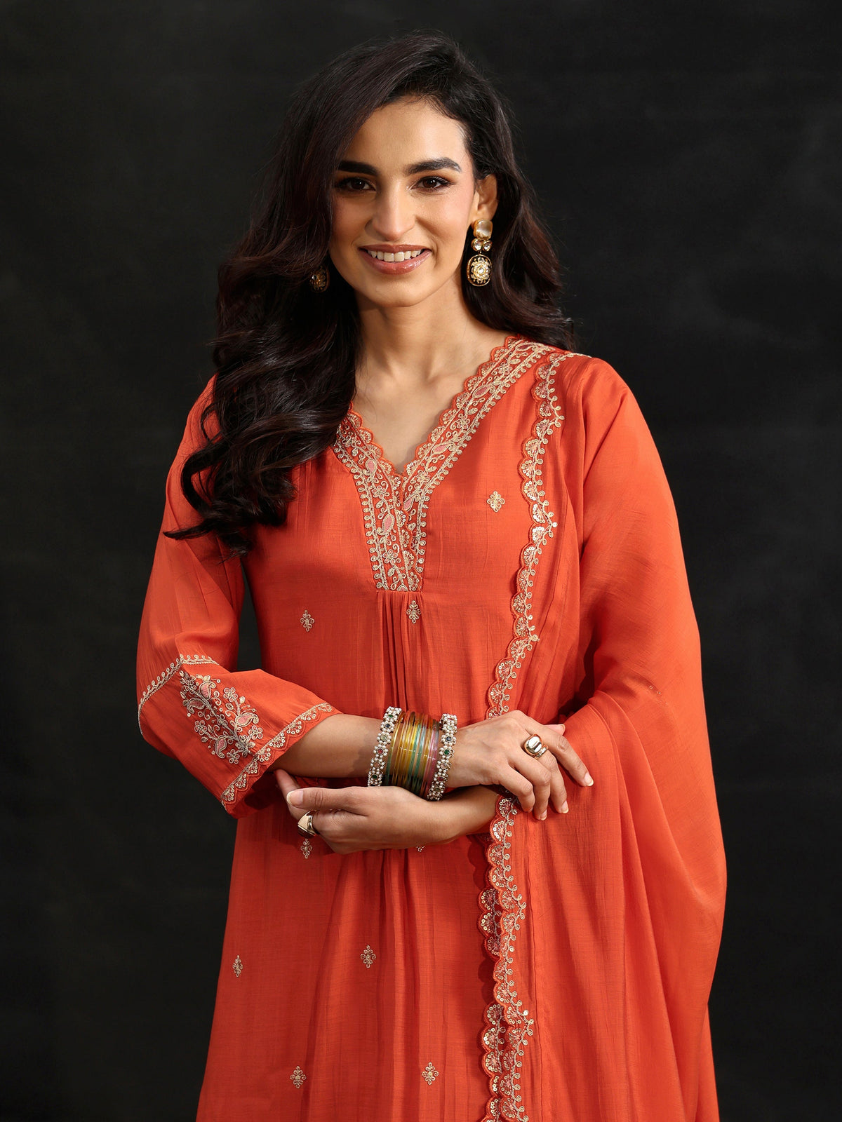 Anouk Orange Embroidered Chanderi Cotton A-Line Suit Set