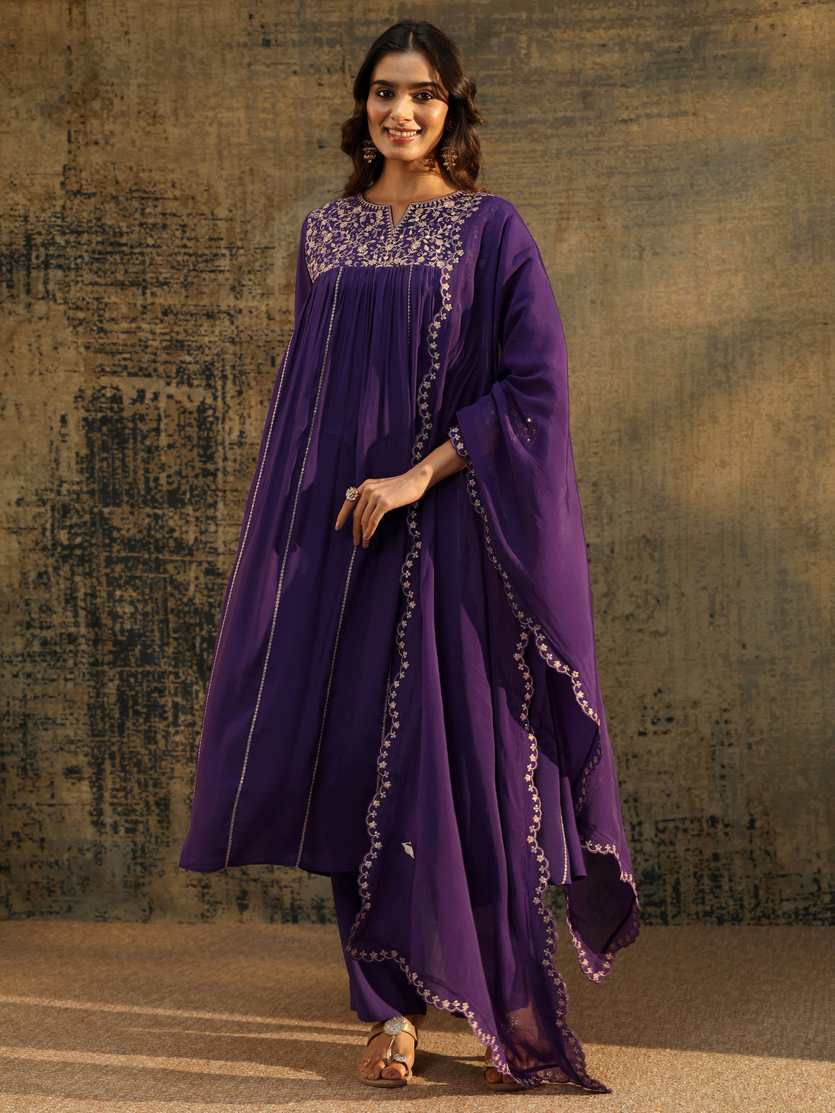 Anouk Purple Floral Embroidered Chanderi Cotton Empire Anarkali Suit Set