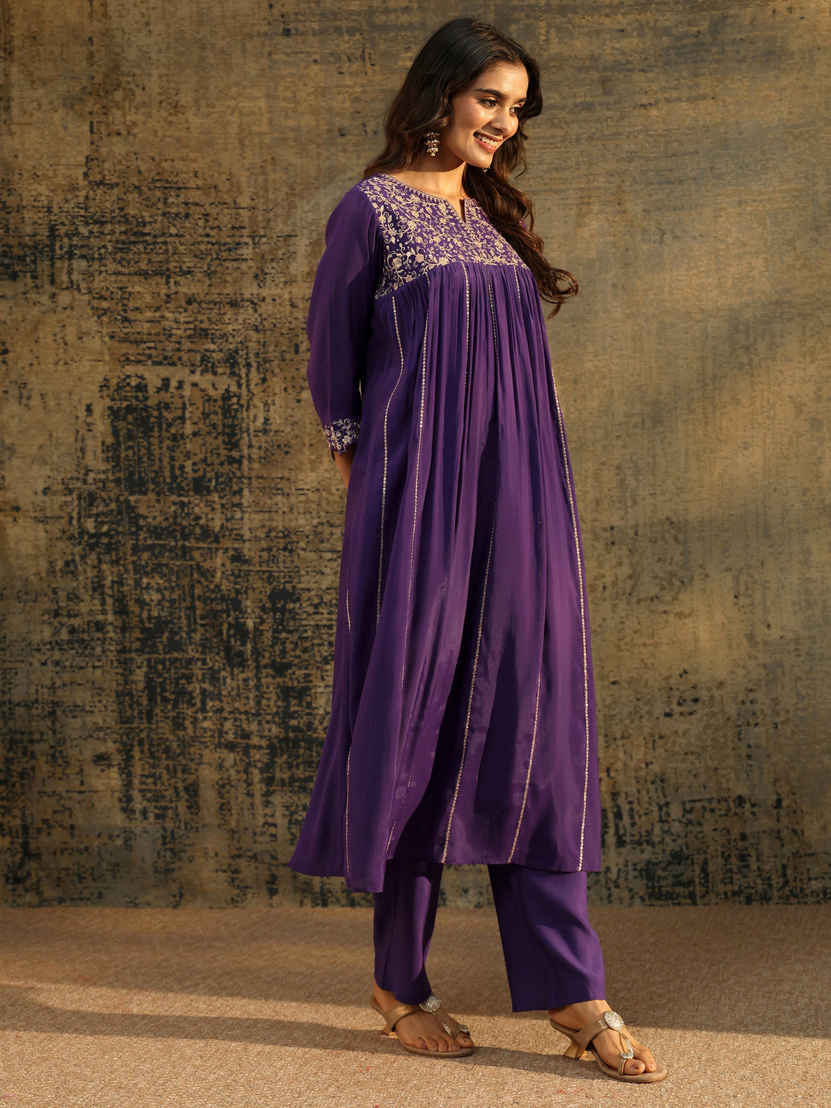 Anouk Purple Floral Embroidered Chanderi Cotton Empire Anarkali Suit Set
