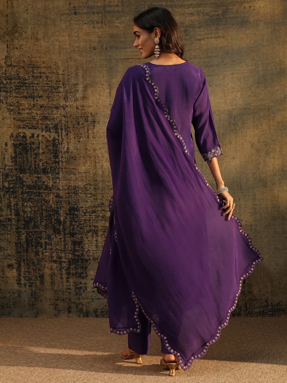 Anouk Purple Floral Embroidered Chanderi Cotton Empire Anarkali Suit Set