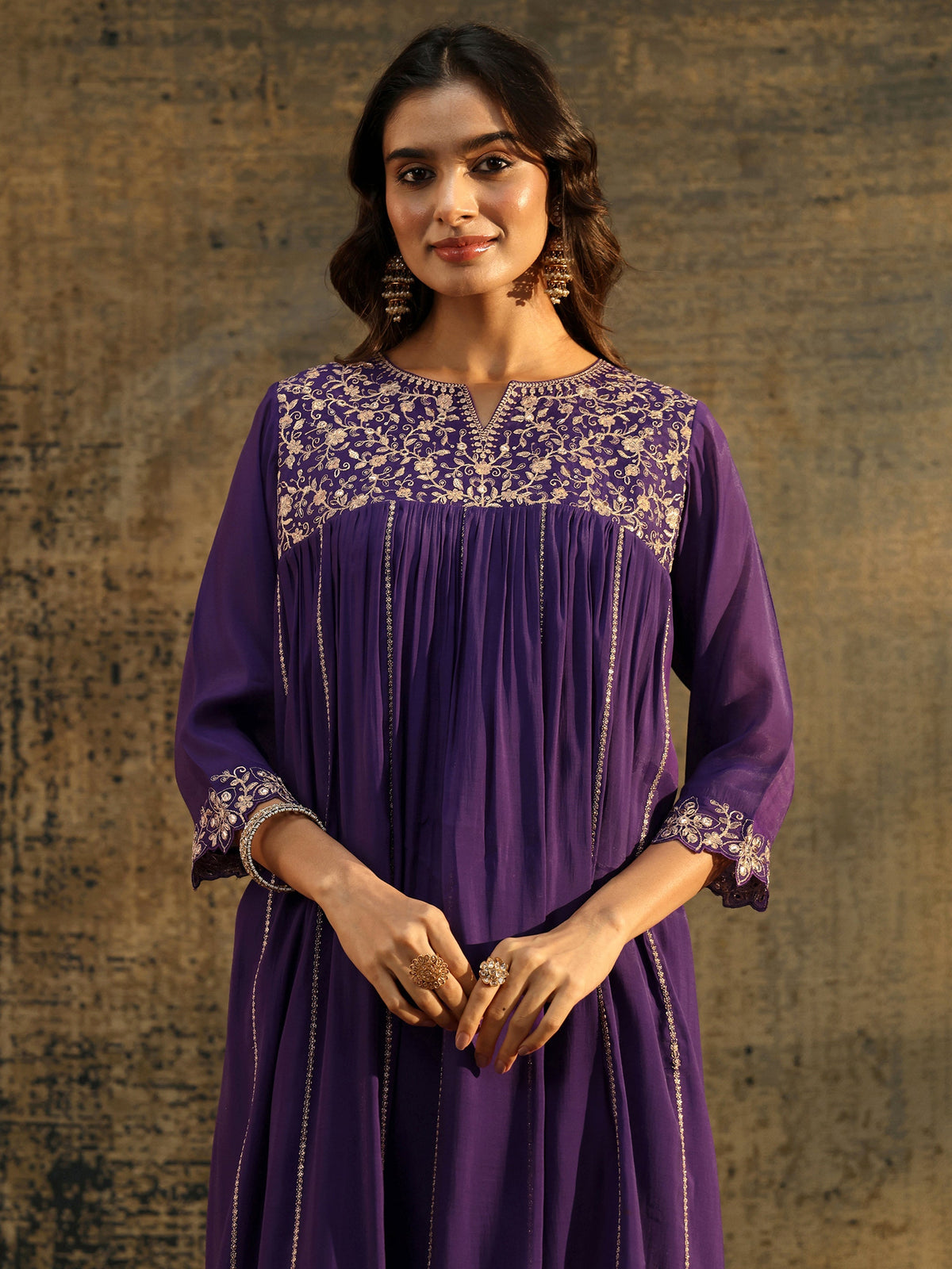 Anouk Purple Floral Embroidered Chanderi Cotton Empire Anarkali Suit Set