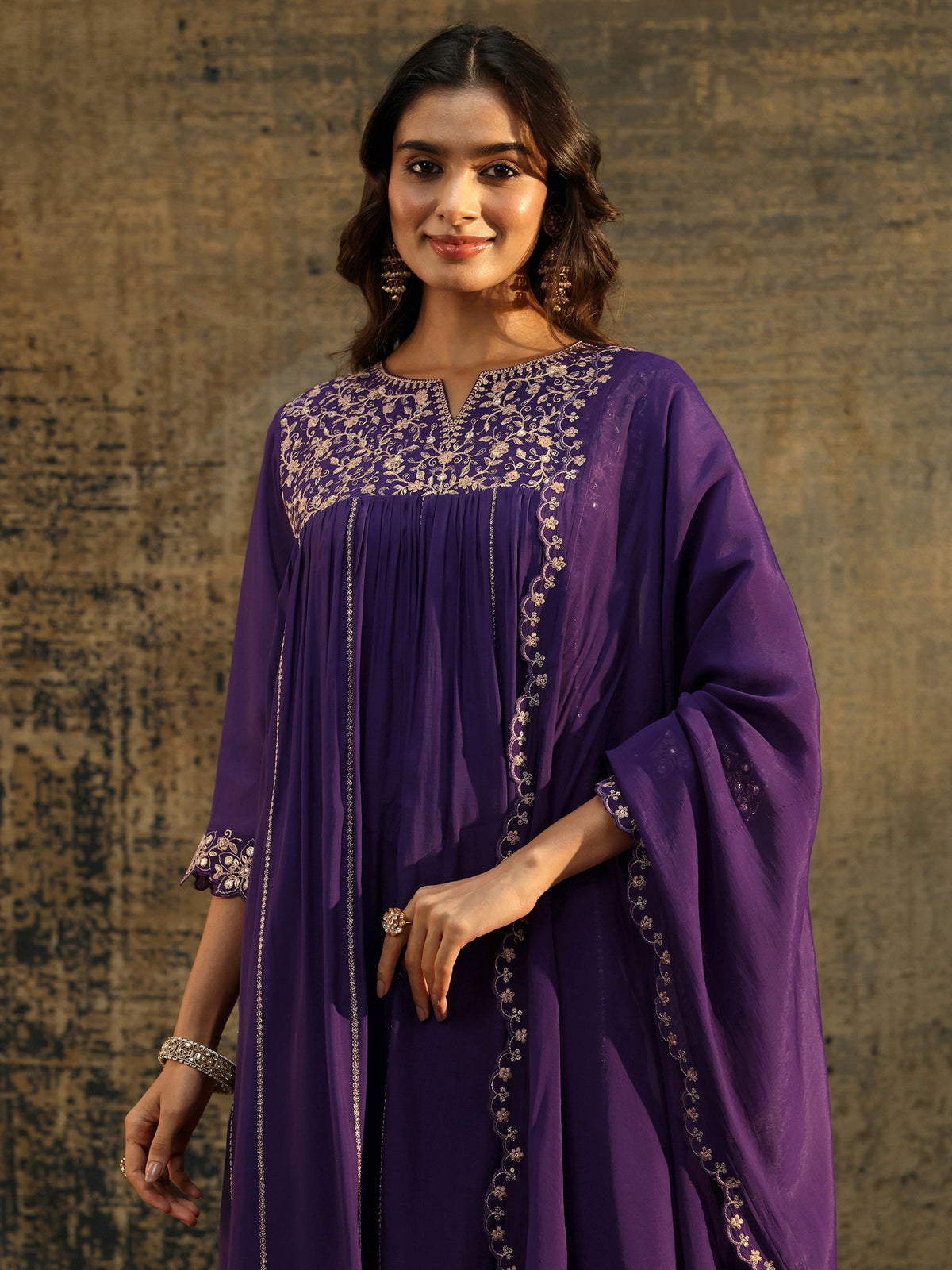 Anouk Purple Floral Embroidered Chanderi Cotton Empire Anarkali Suit Set