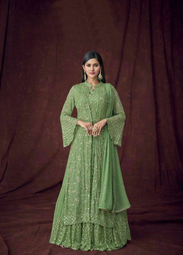 Lehenga Choli with Jacket in Green Georgette