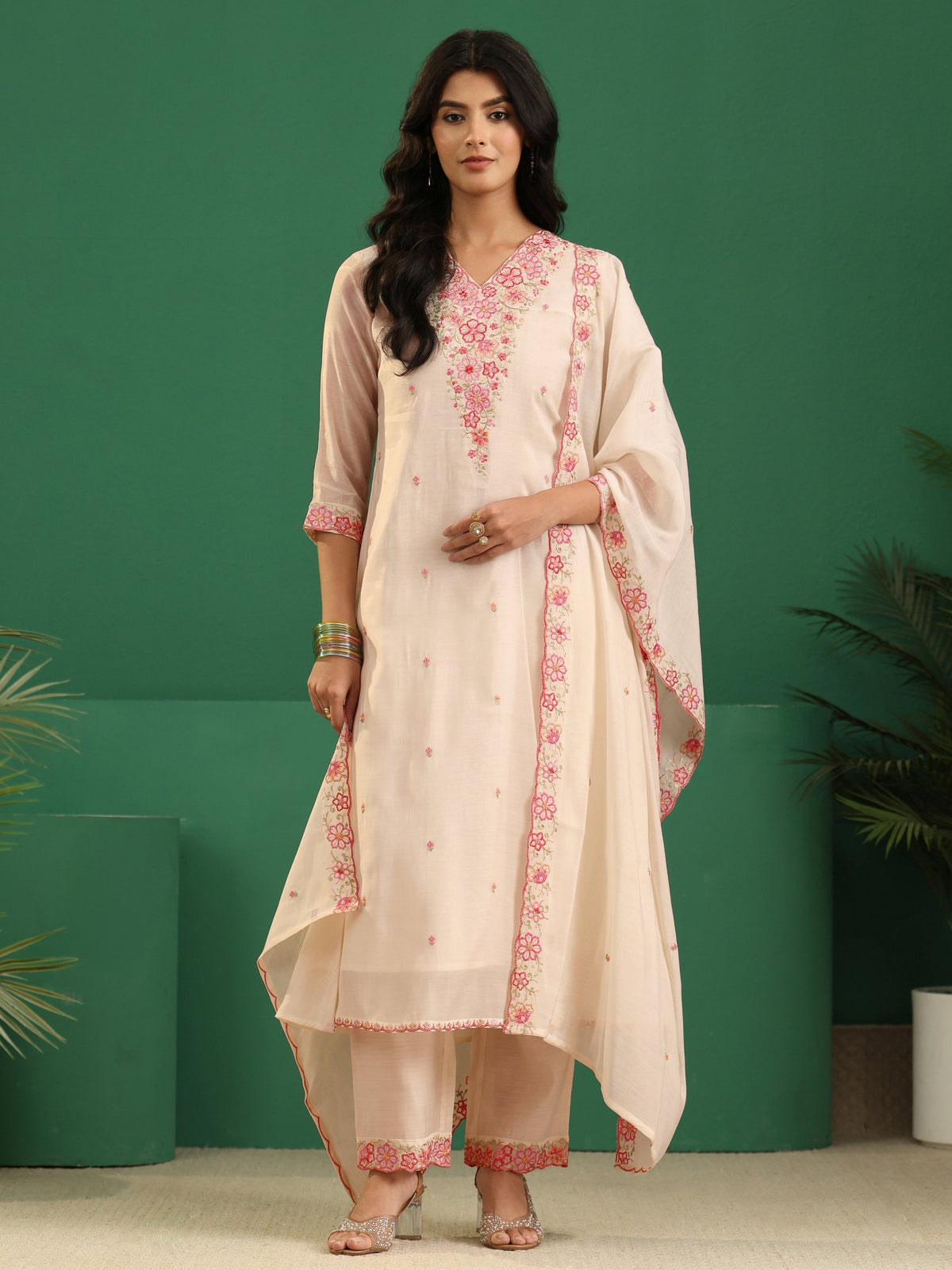 Anouk Cream Floral Embroidered Chanderi Cotton A-Line Suit Set