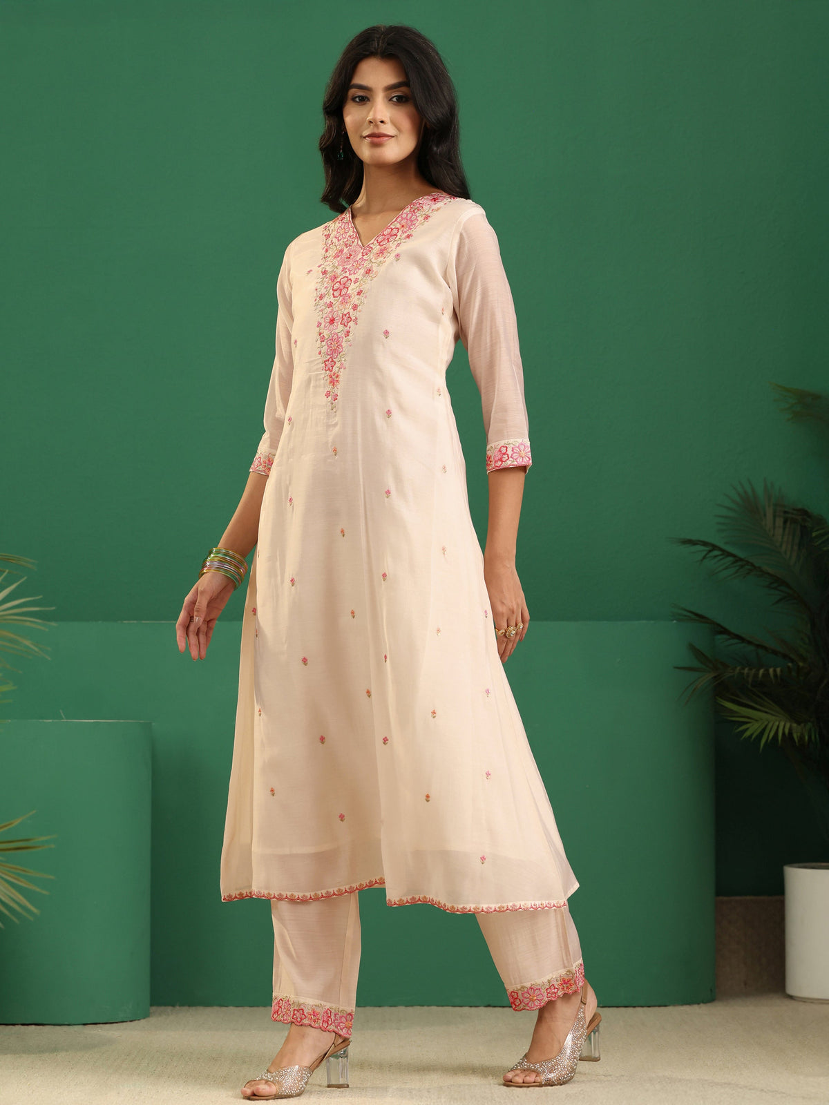 Anouk Cream Floral Embroidered Chanderi Cotton A-Line Suit Set