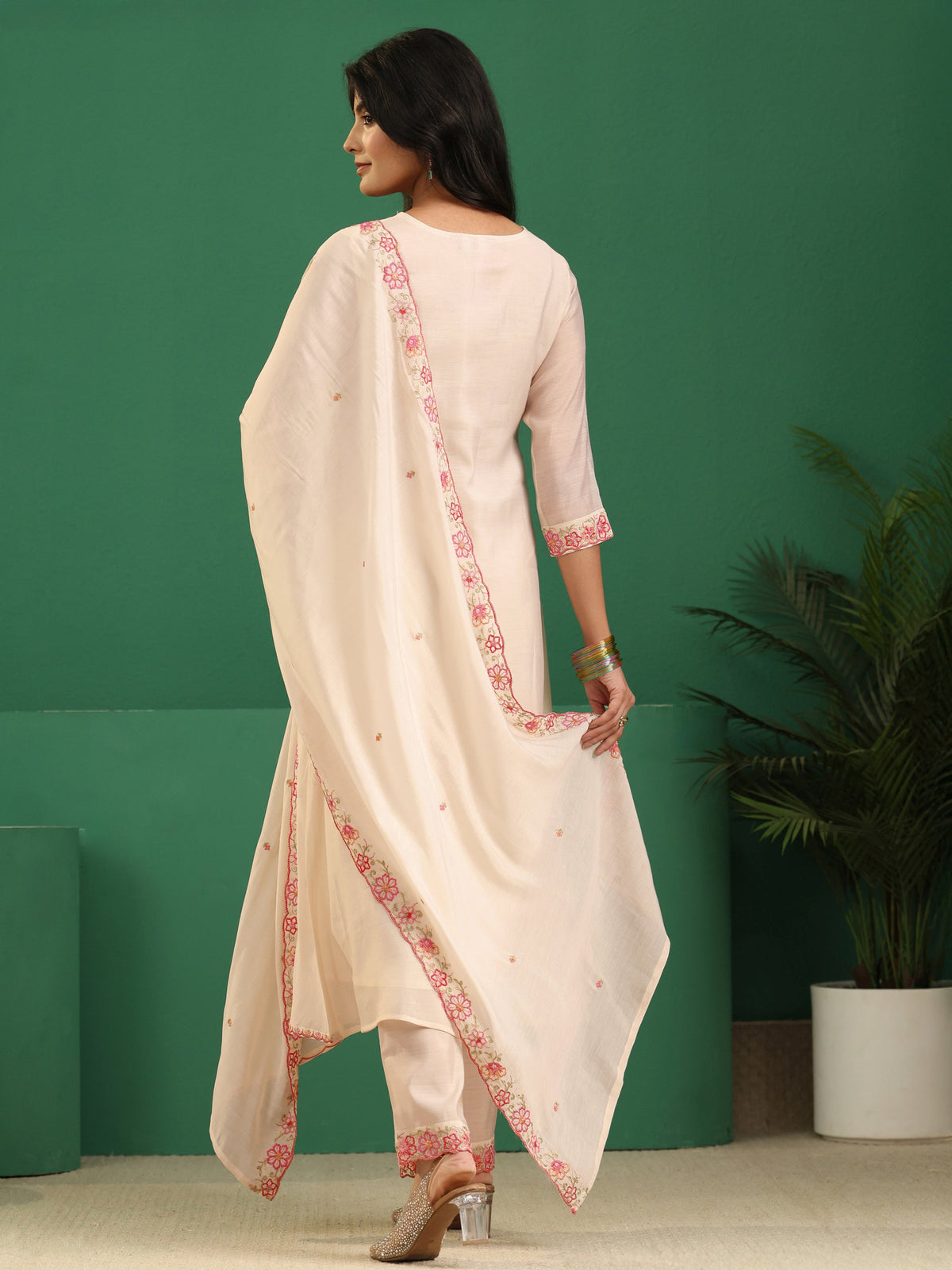 Anouk Cream Floral Embroidered Chanderi Cotton A-Line Suit Set