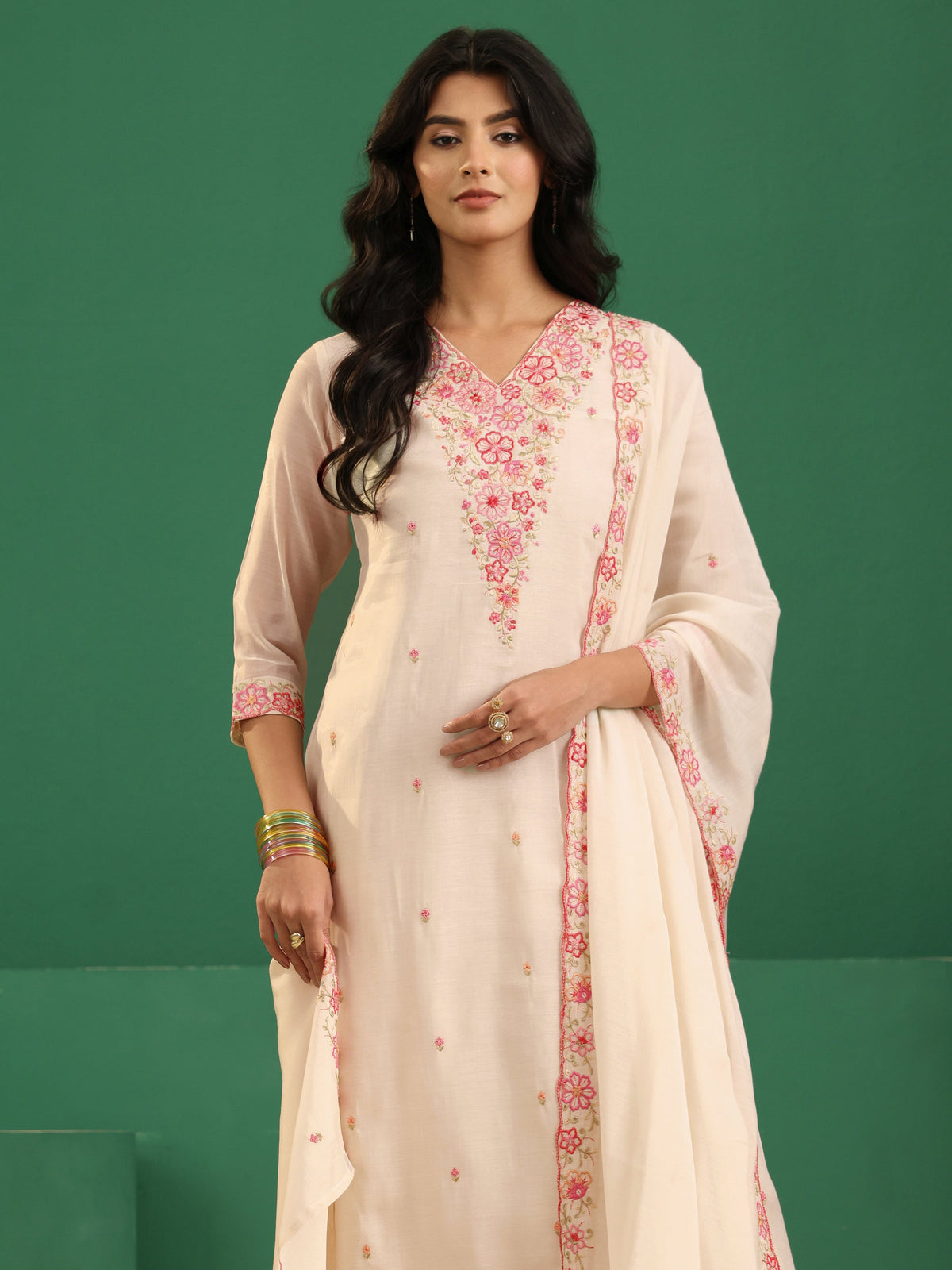 Anouk Cream Floral Embroidered Chanderi Cotton A-Line Suit Set