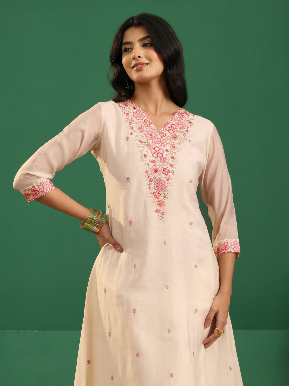 Anouk Cream Floral Embroidered Chanderi Cotton A-Line Suit Set