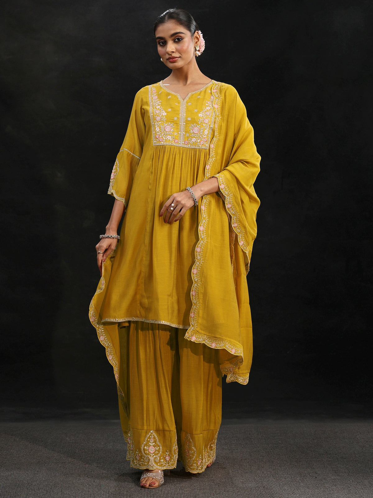 Anouk Mustard Floral Yoke Chanderi Cotton Sharara Suit Set