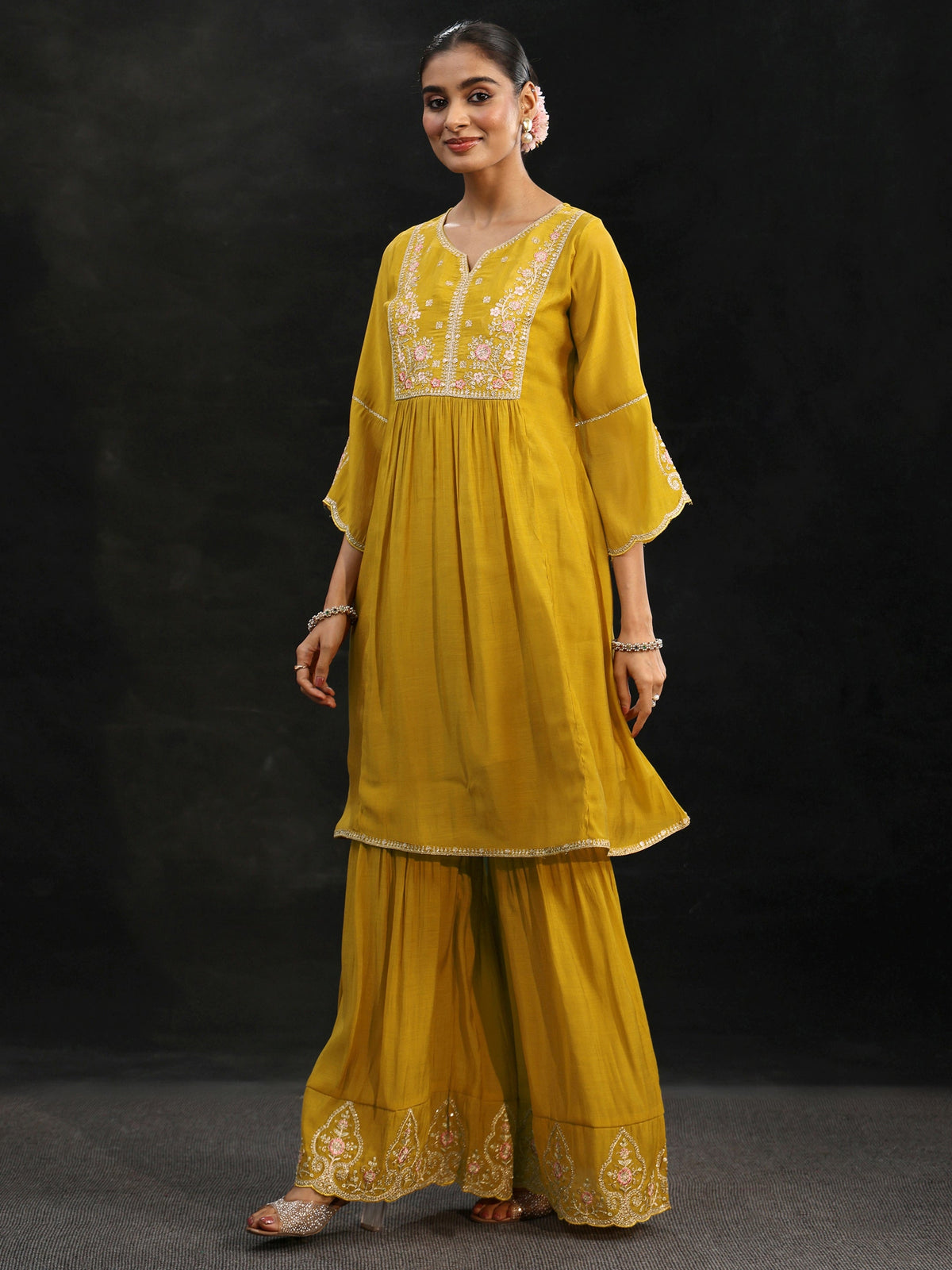 Anouk Mustard Floral Yoke Chanderi Cotton Sharara Suit Set