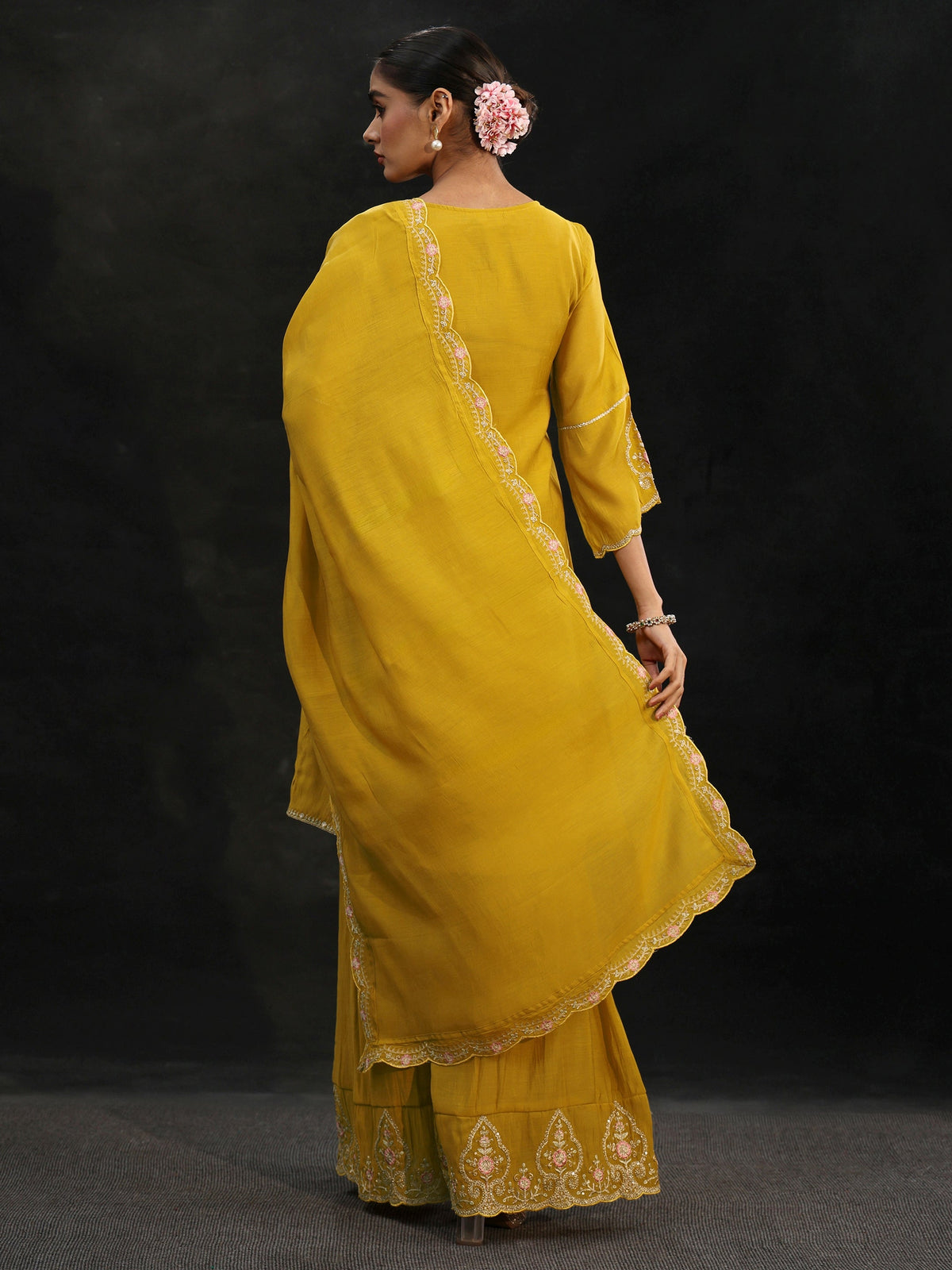 Anouk Mustard Floral Yoke Chanderi Cotton Sharara Suit Set