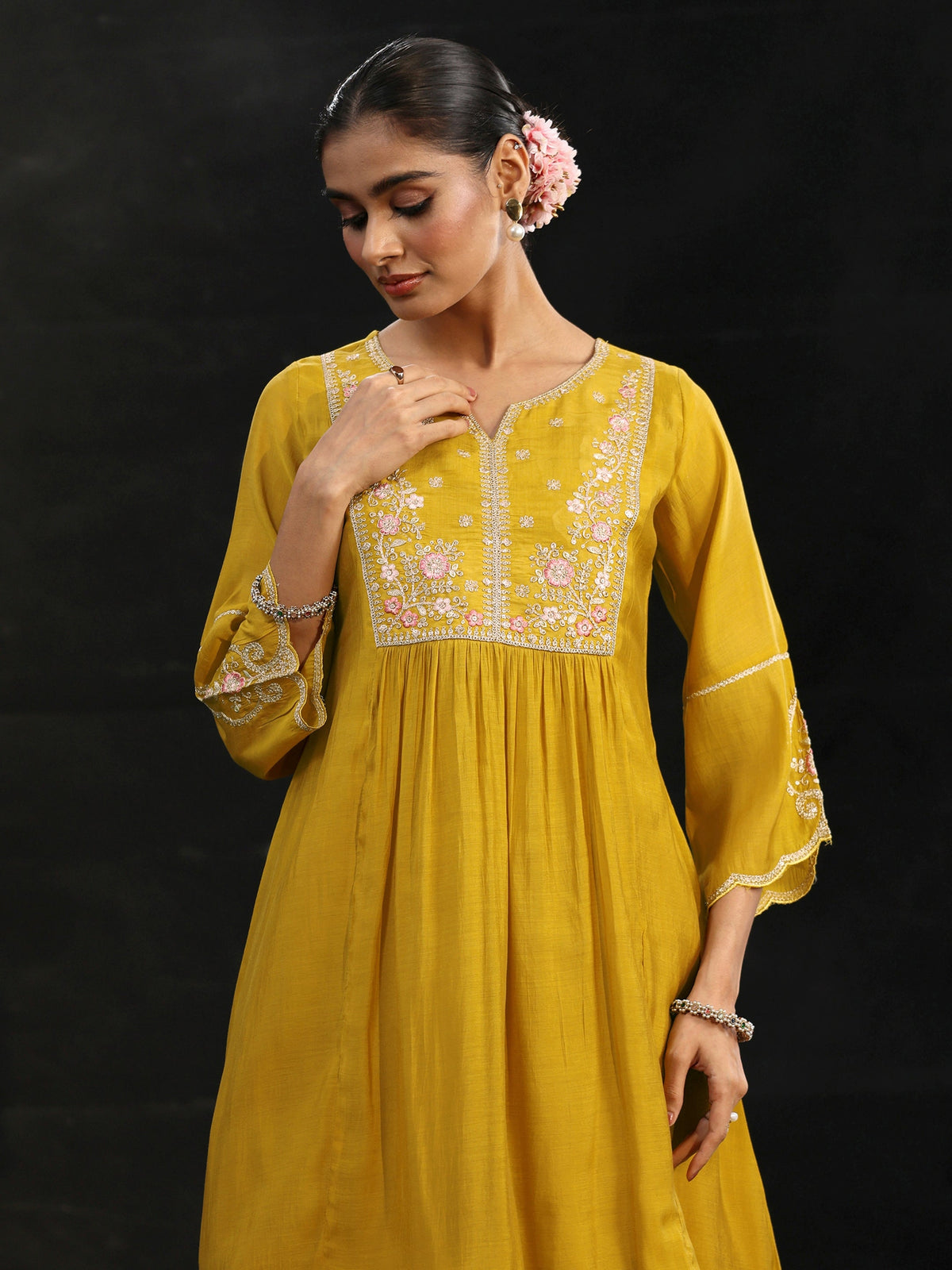 Anouk Mustard Floral Yoke Chanderi Cotton Sharara Suit Set