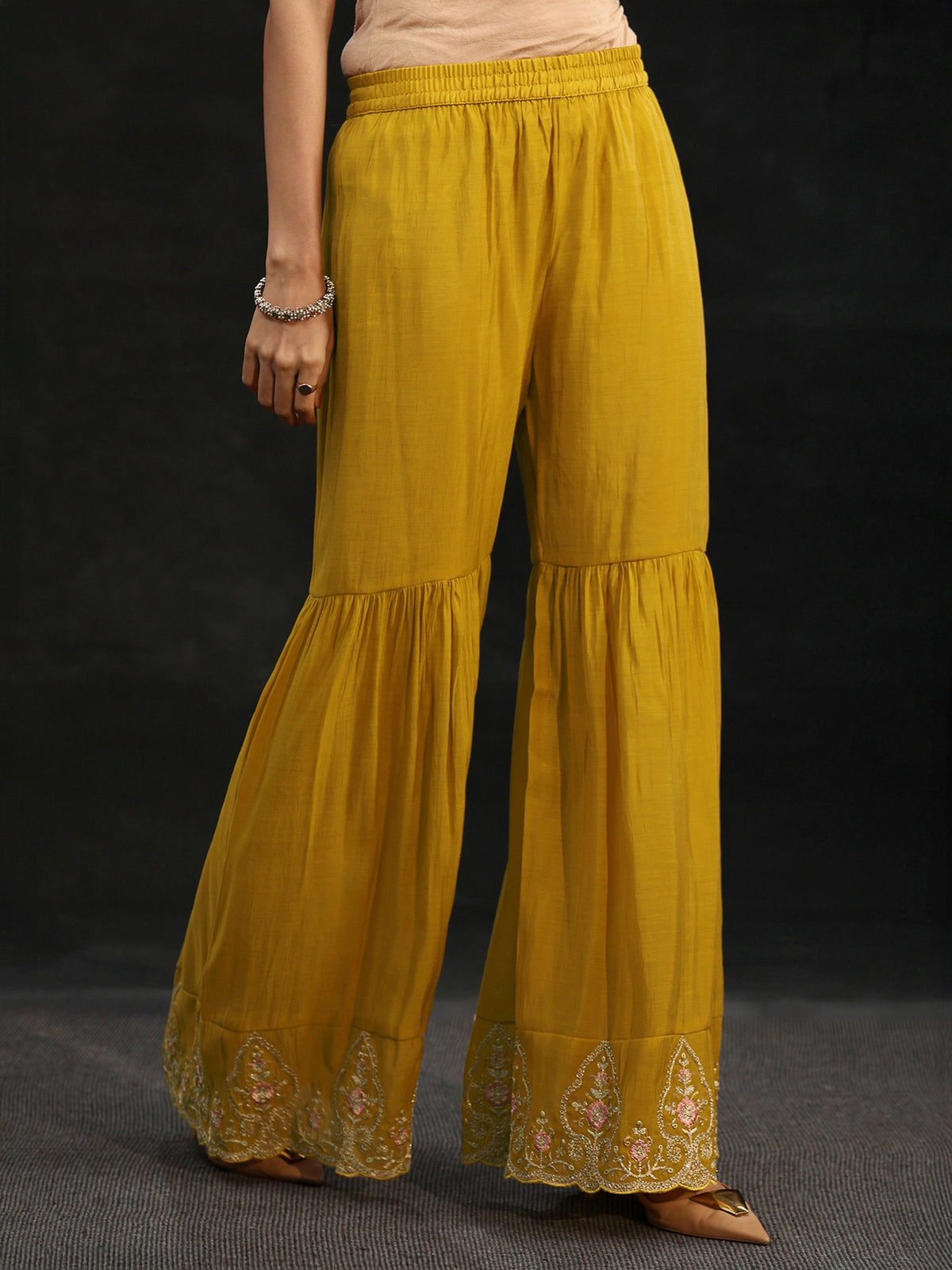 Anouk Mustard Floral Yoke Chanderi Cotton Sharara Suit Set