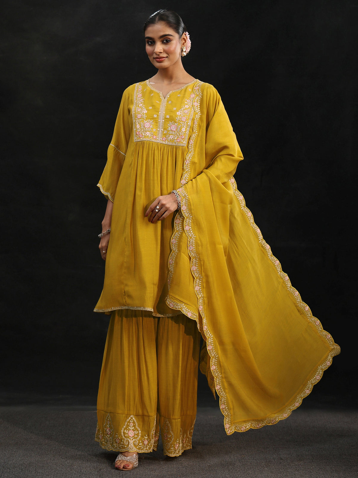 Anouk Mustard Floral Yoke Chanderi Cotton Sharara Suit Set