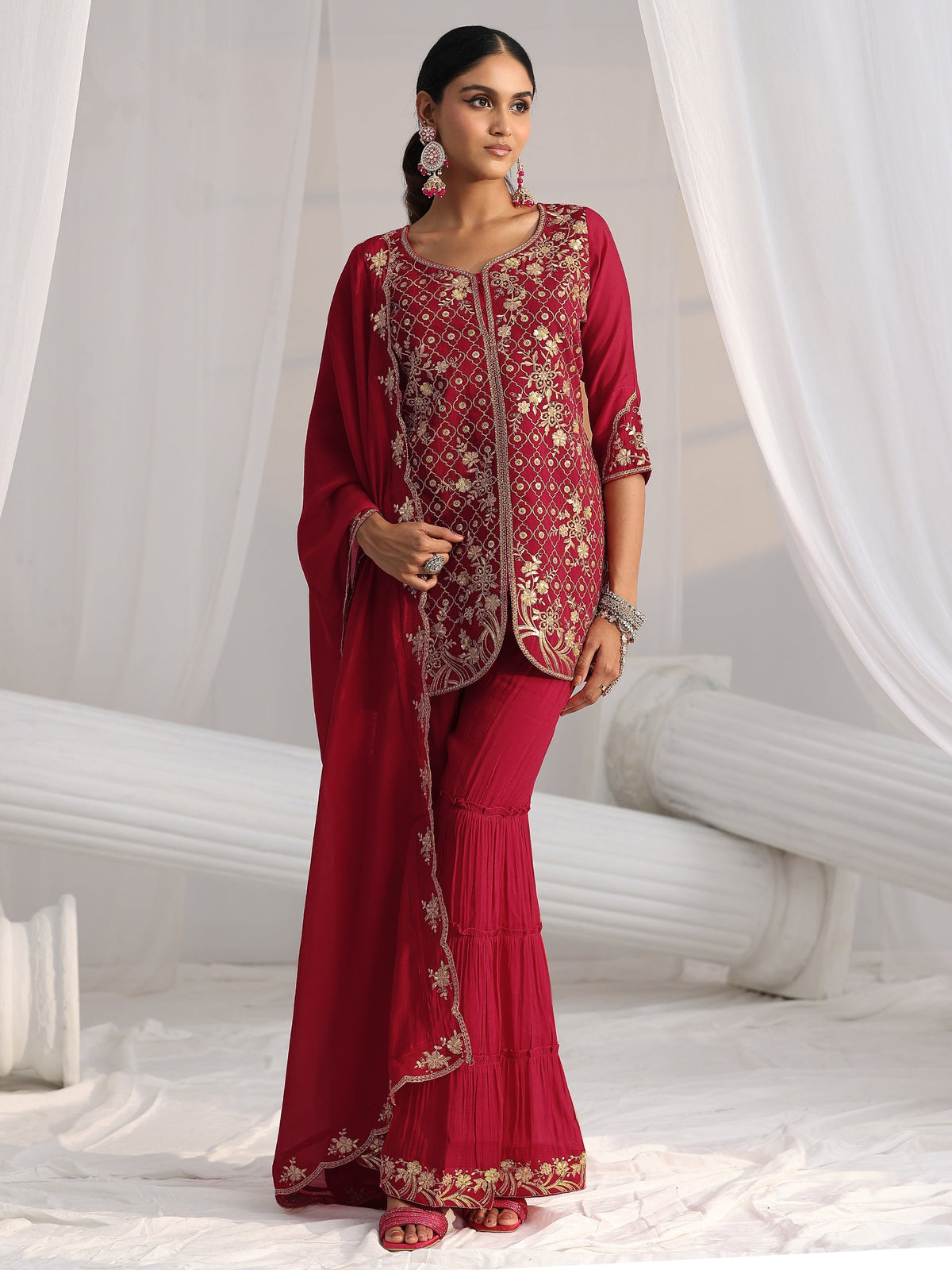 Anouk Rani Pink Floral Embroidered Chanderi Cotton Sharara Suit Set