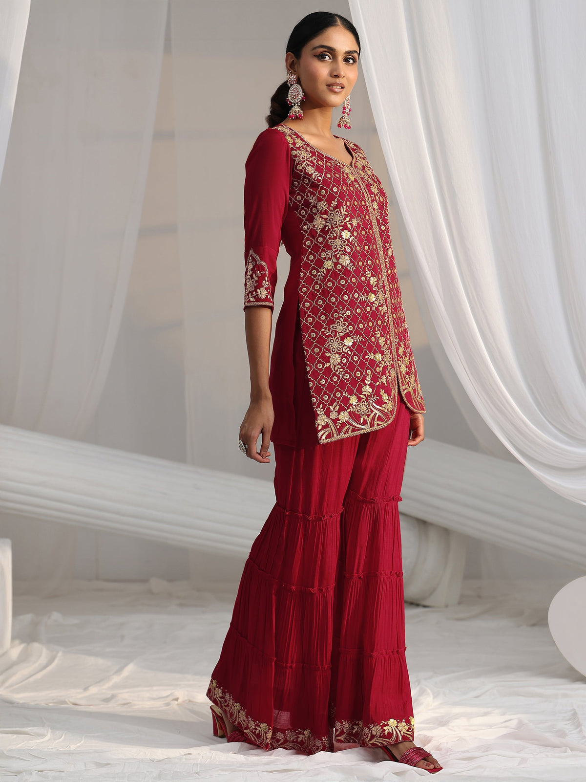 Anouk Rani Pink Floral Embroidered Chanderi Cotton Sharara Suit Set