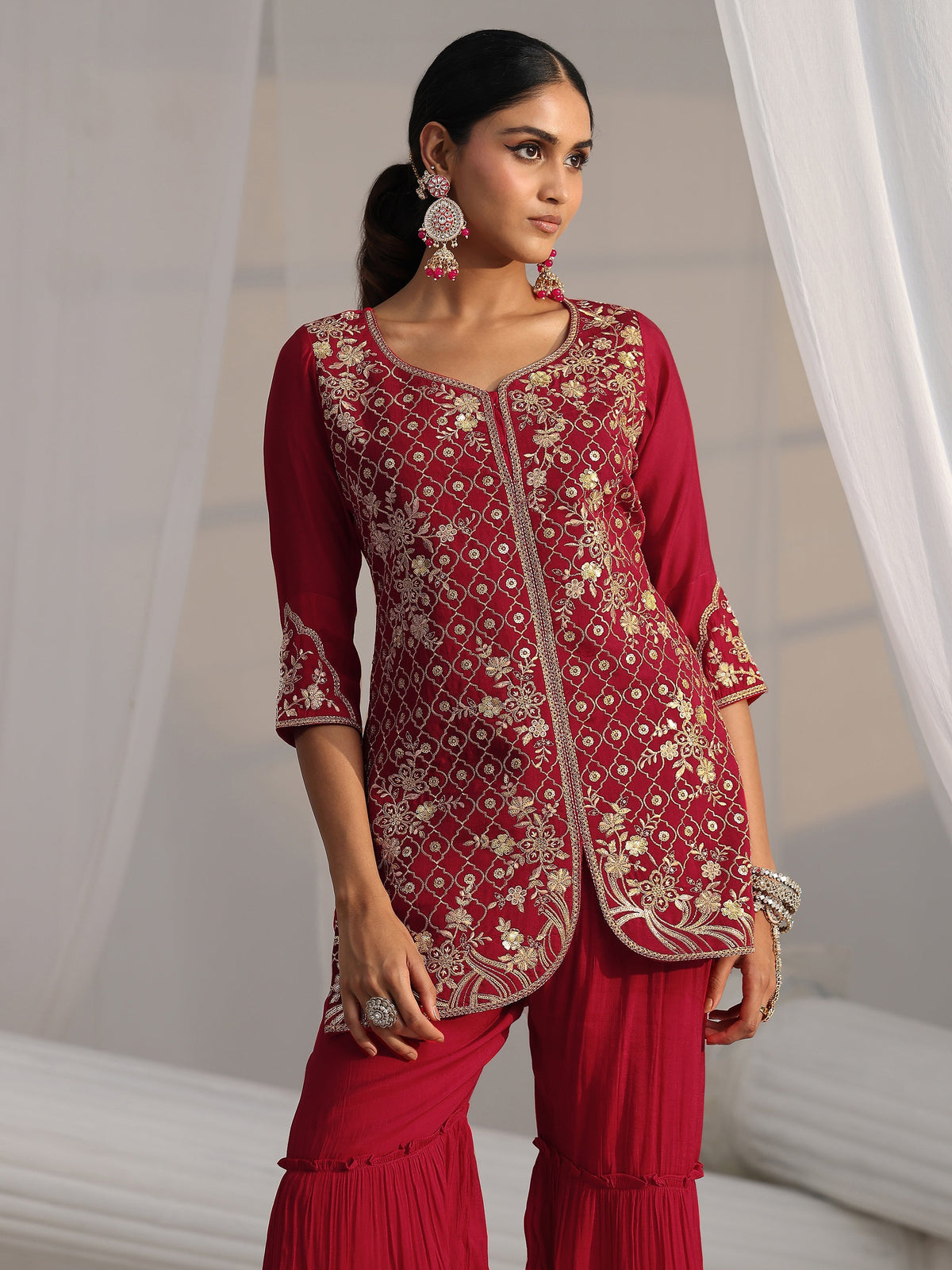 Anouk Rani Pink Floral Embroidered Chanderi Cotton Sharara Suit Set