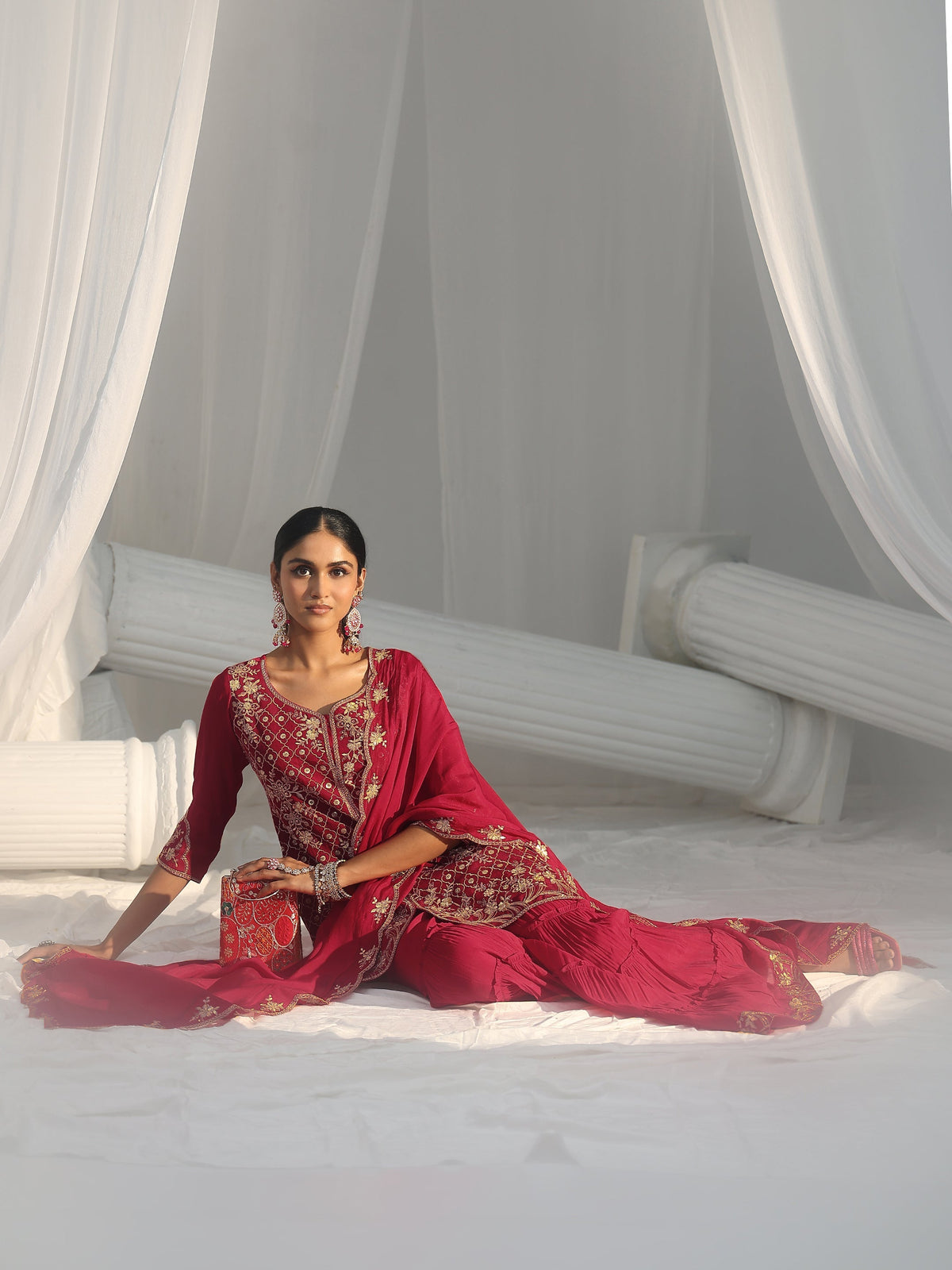 Anouk Rani Pink Floral Embroidered Chanderi Cotton Sharara Suit Set