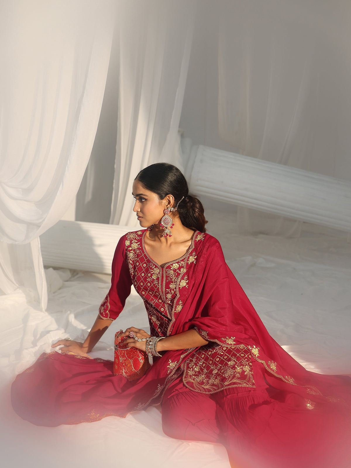 Anouk Rani Pink Floral Embroidered Chanderi Cotton Sharara Suit Set