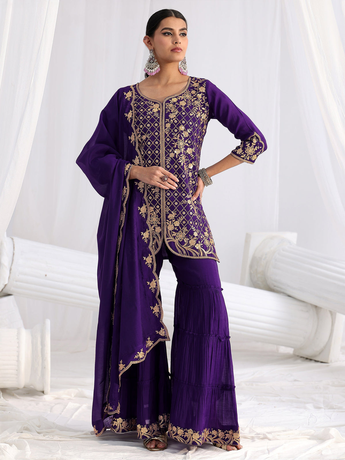 Anouk Royal Purple Floral Embroidered Chanderi Cotton Sharara Suit Set