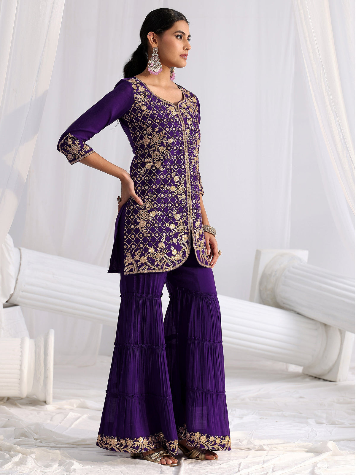 Anouk Royal Purple Floral Embroidered Chanderi Cotton Sharara Suit Set